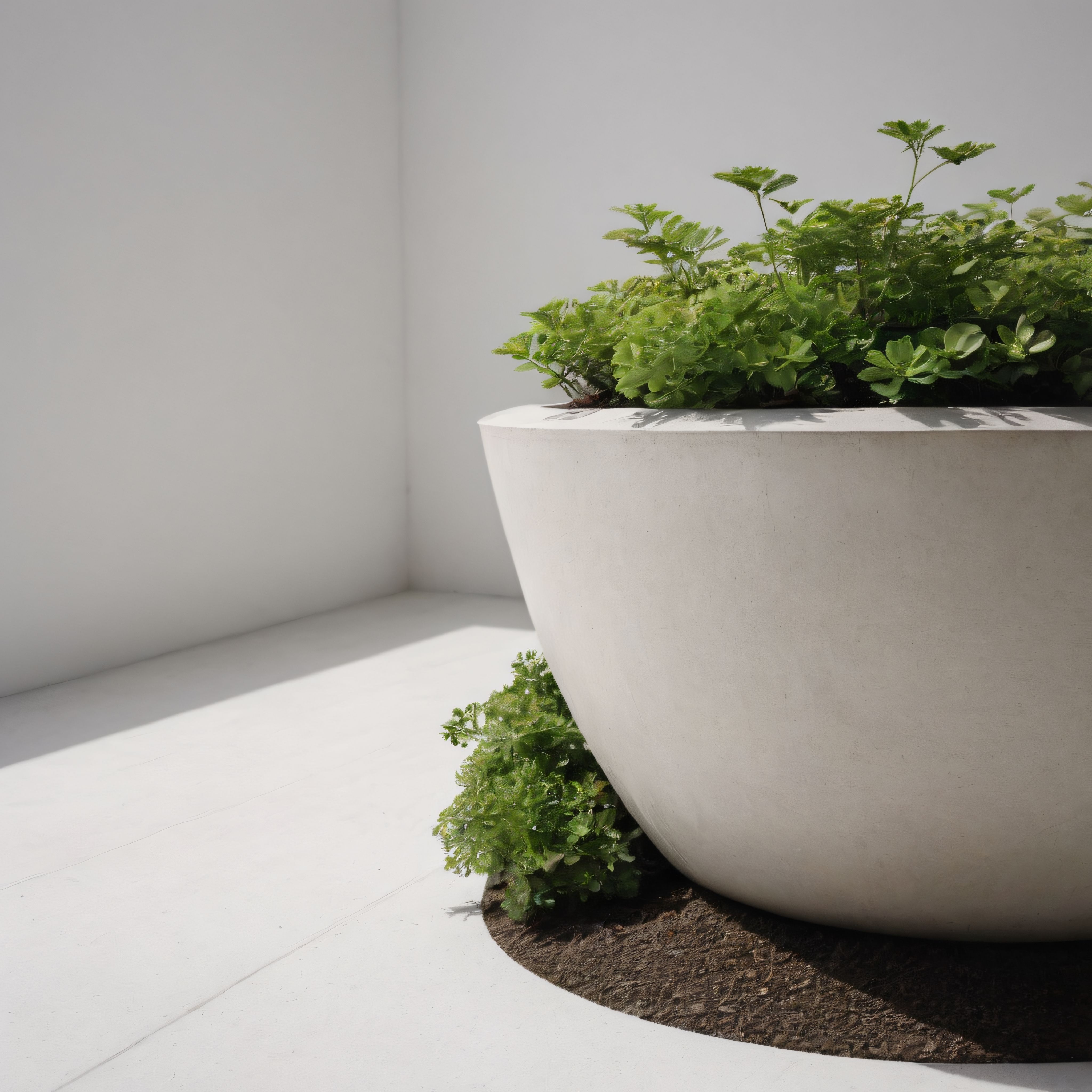 Beyaz Minimalist Avluda Yuvarlak Beton Saksı ve Canlı Bitki Düzenlemesi