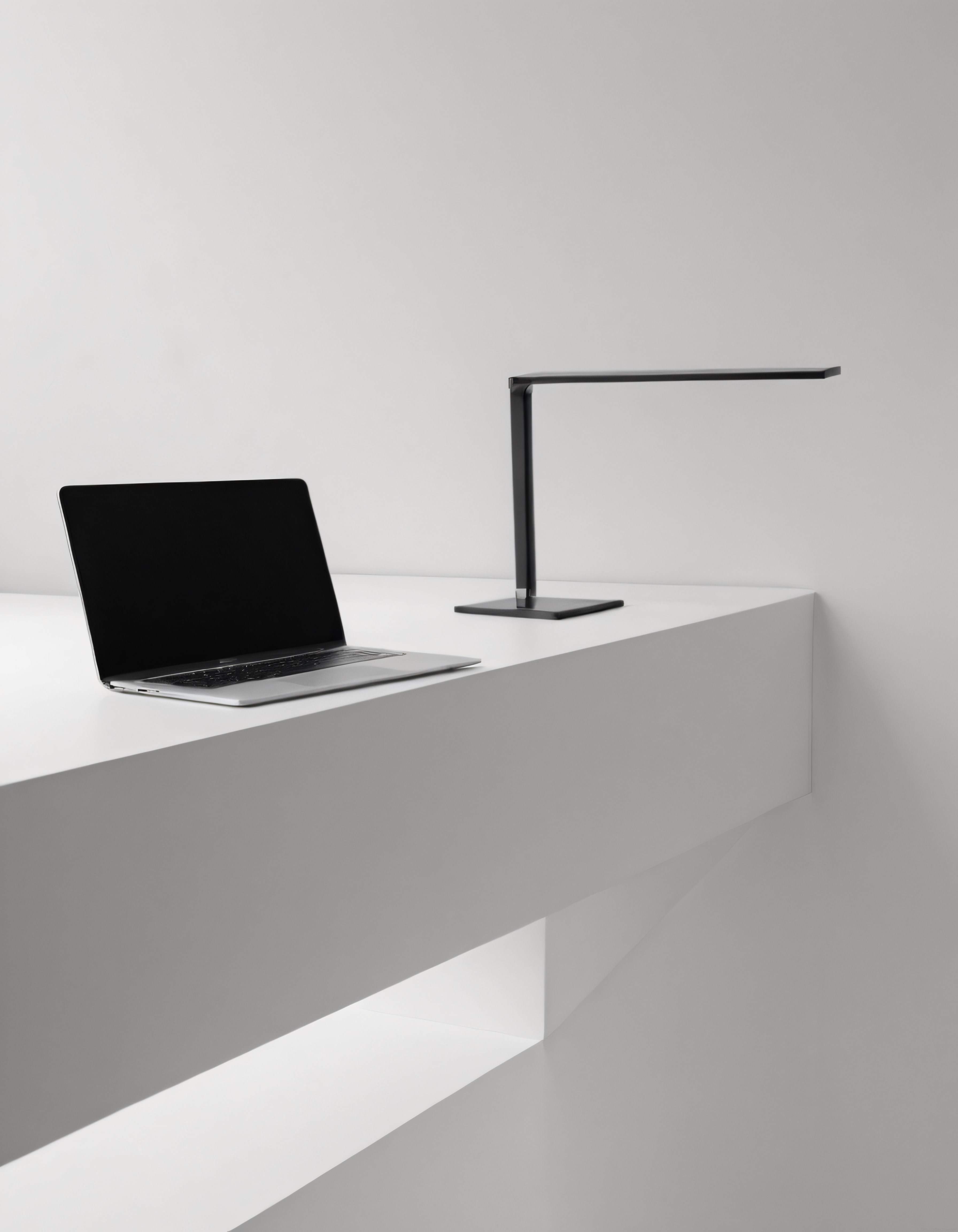 Beyaz Minimalist Çalışma Alanı: Laptop ve Modern Siyah Masa Lambasıyla Sade Ofis