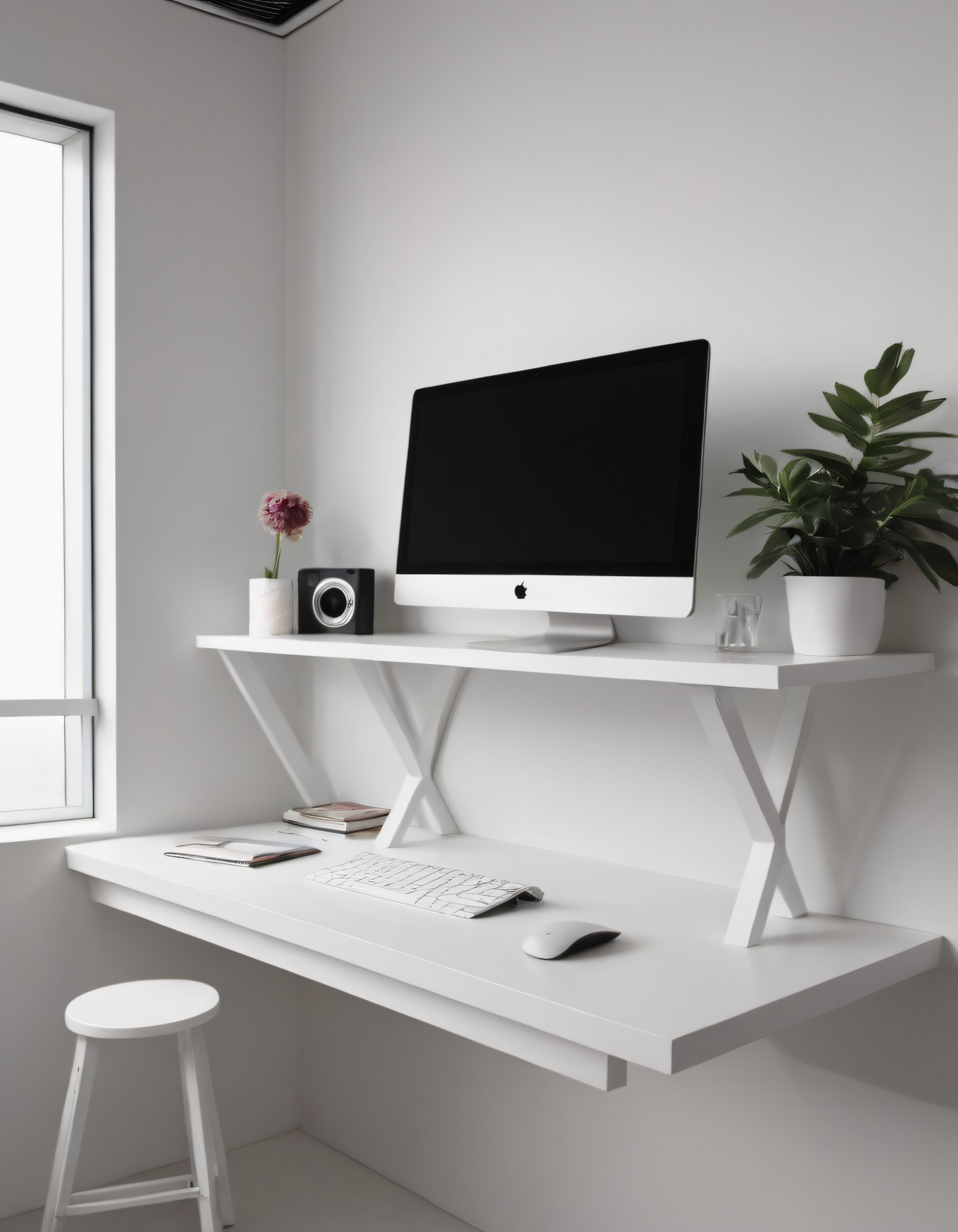Beyaz Minimalist Ev Ofis Dekorasyonu ve Modern Çalışma Masası Düzeni