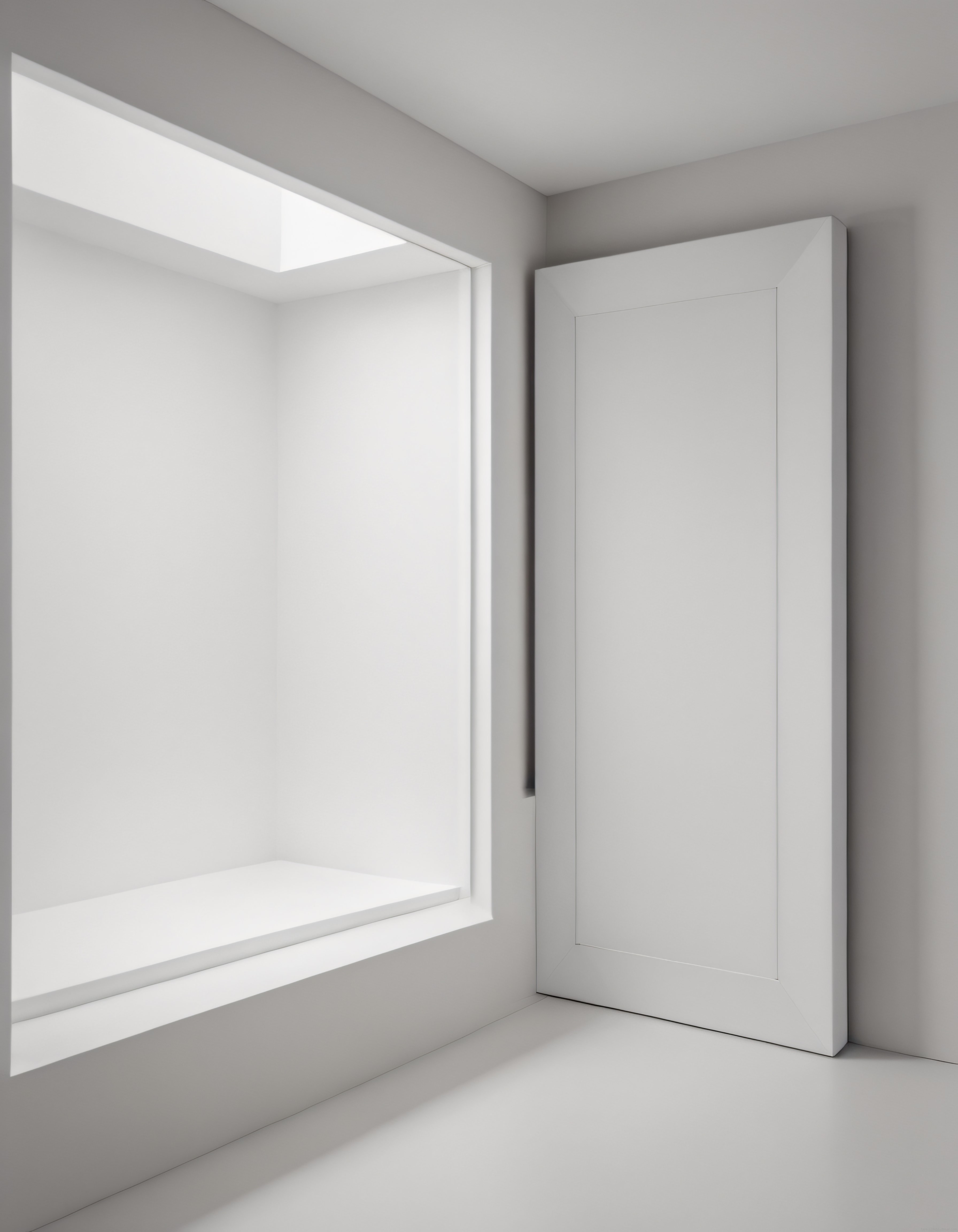 Beyaz minimalist iç mekânda boş bir niş ve yan duran beyaz kapı
