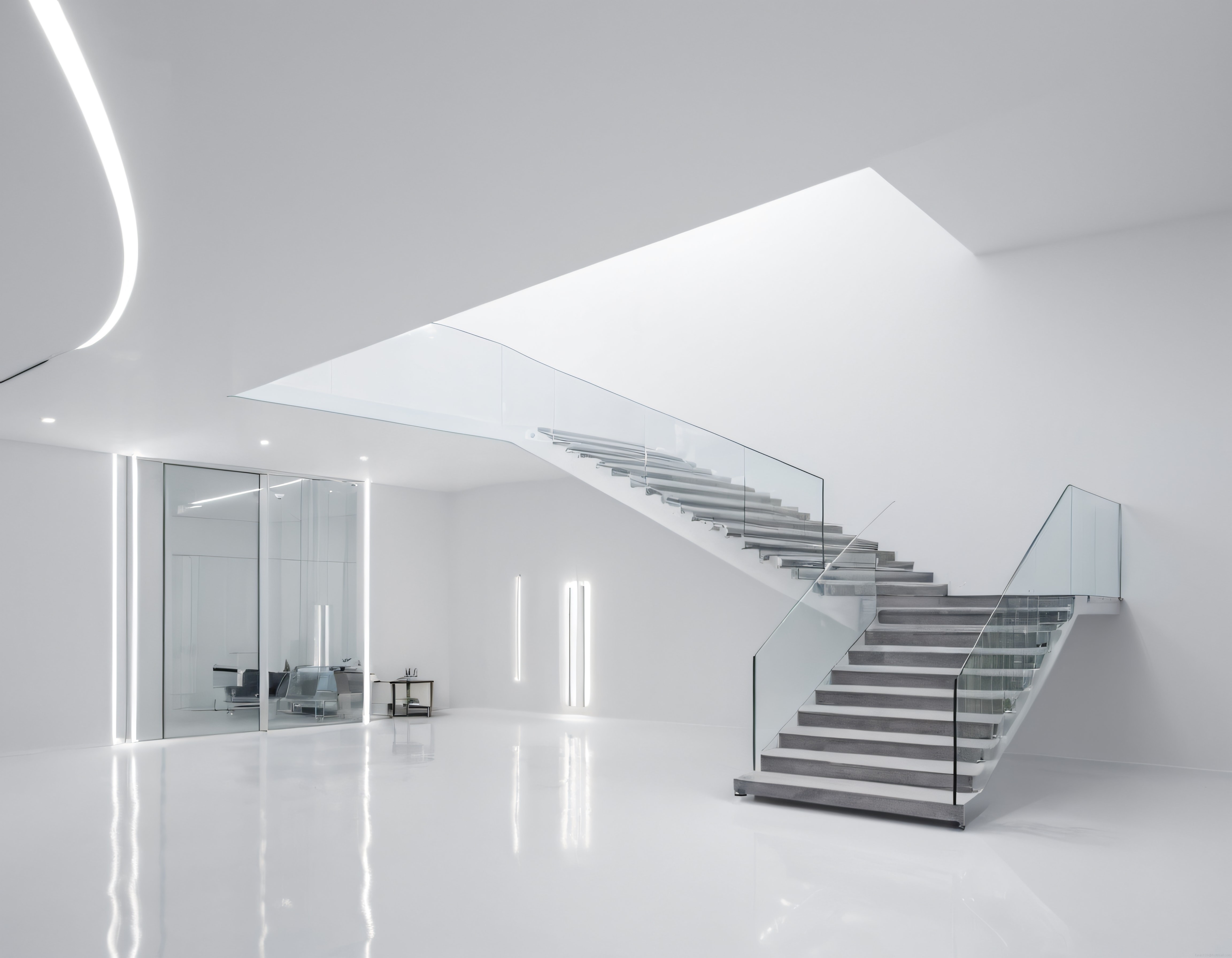 Beyaz Minimalist İç Mekanda Cam Korkuluklu Modern Merdiven ve LED Aydınlatma