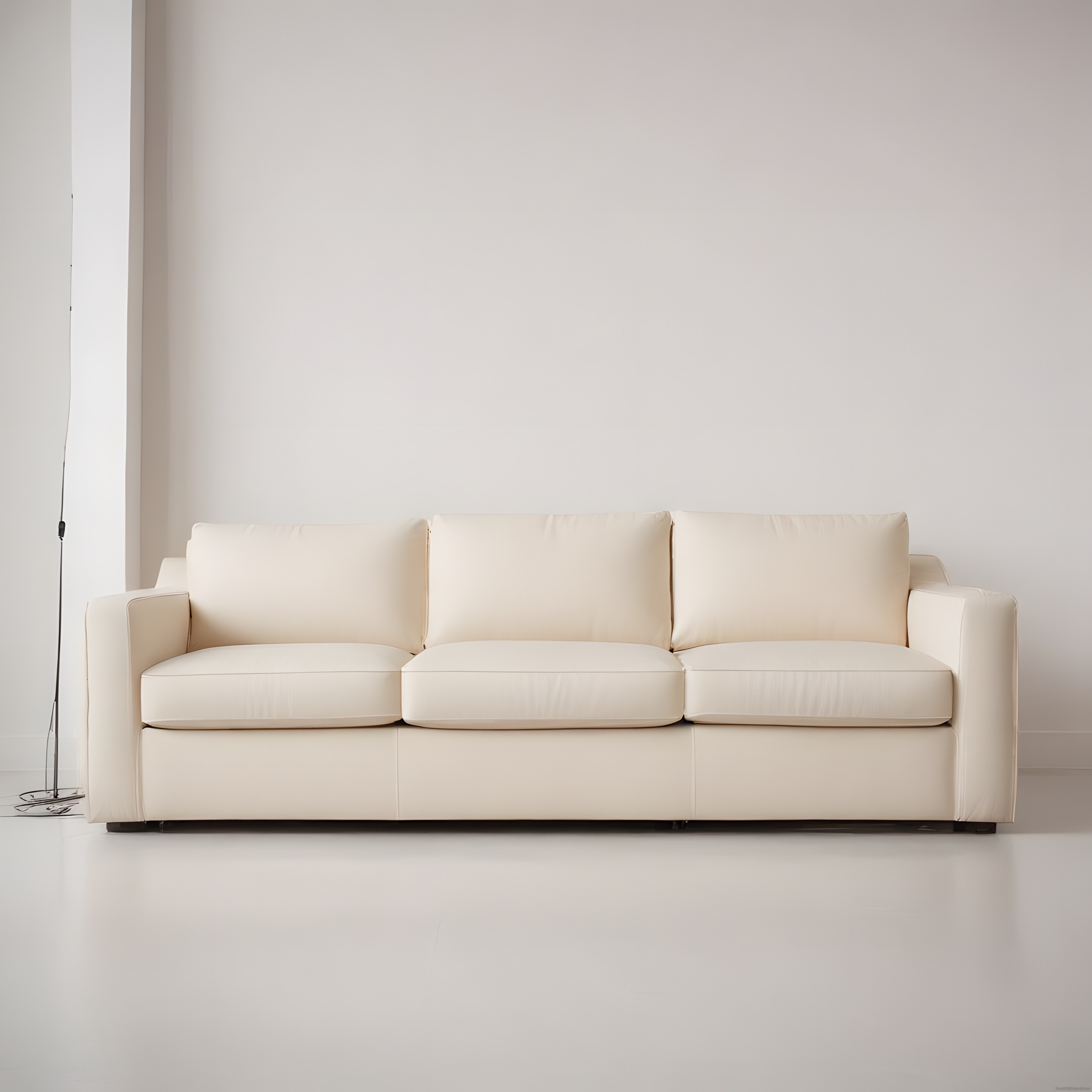 Beyaz minimalist iç mekanda modern üçlü kanepe ve sade dekorasyon stili