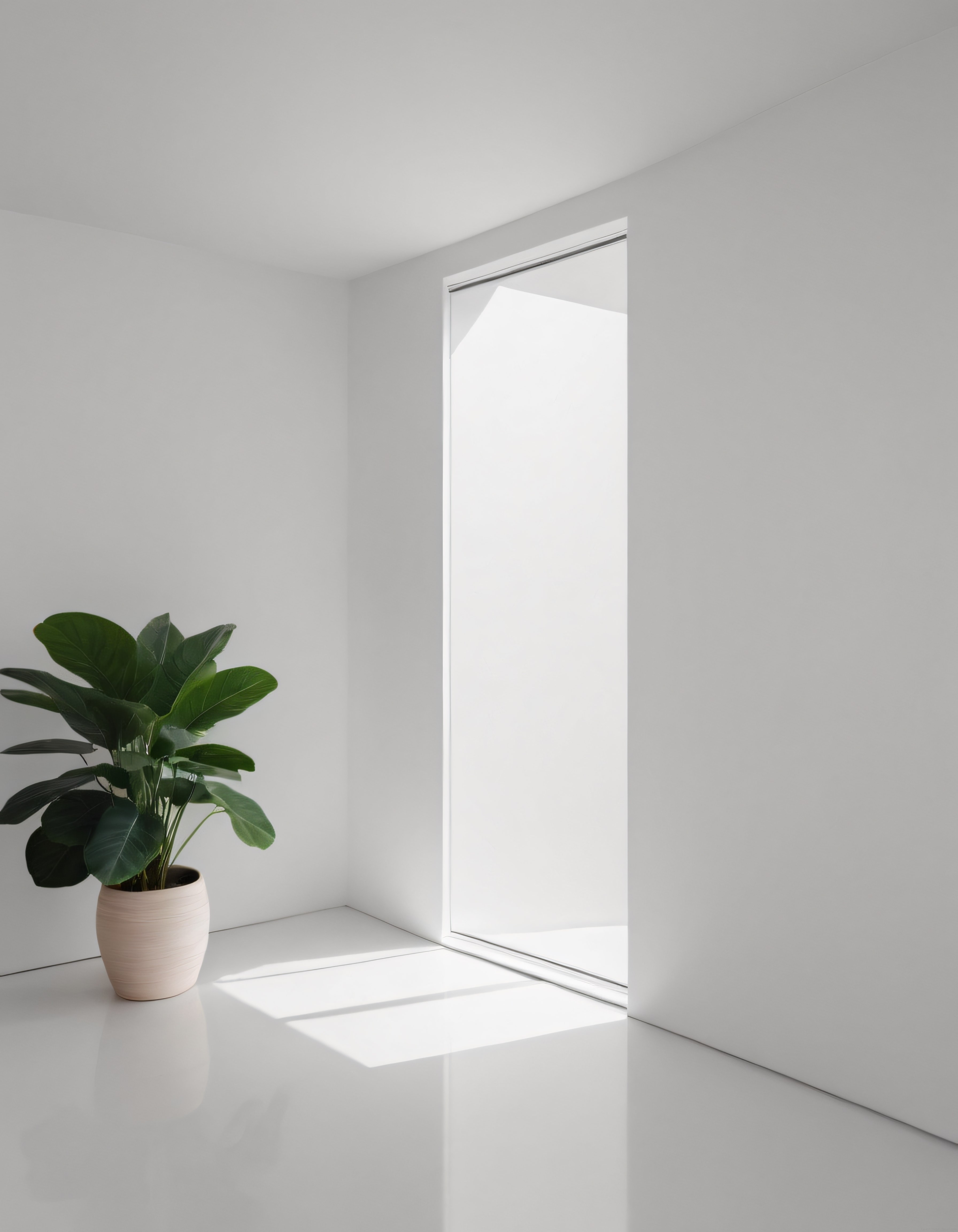 Beyaz Minimalist İç Mekanda Yeşil Bitki ve Pencere Işığı ile Sade Dekorasyon