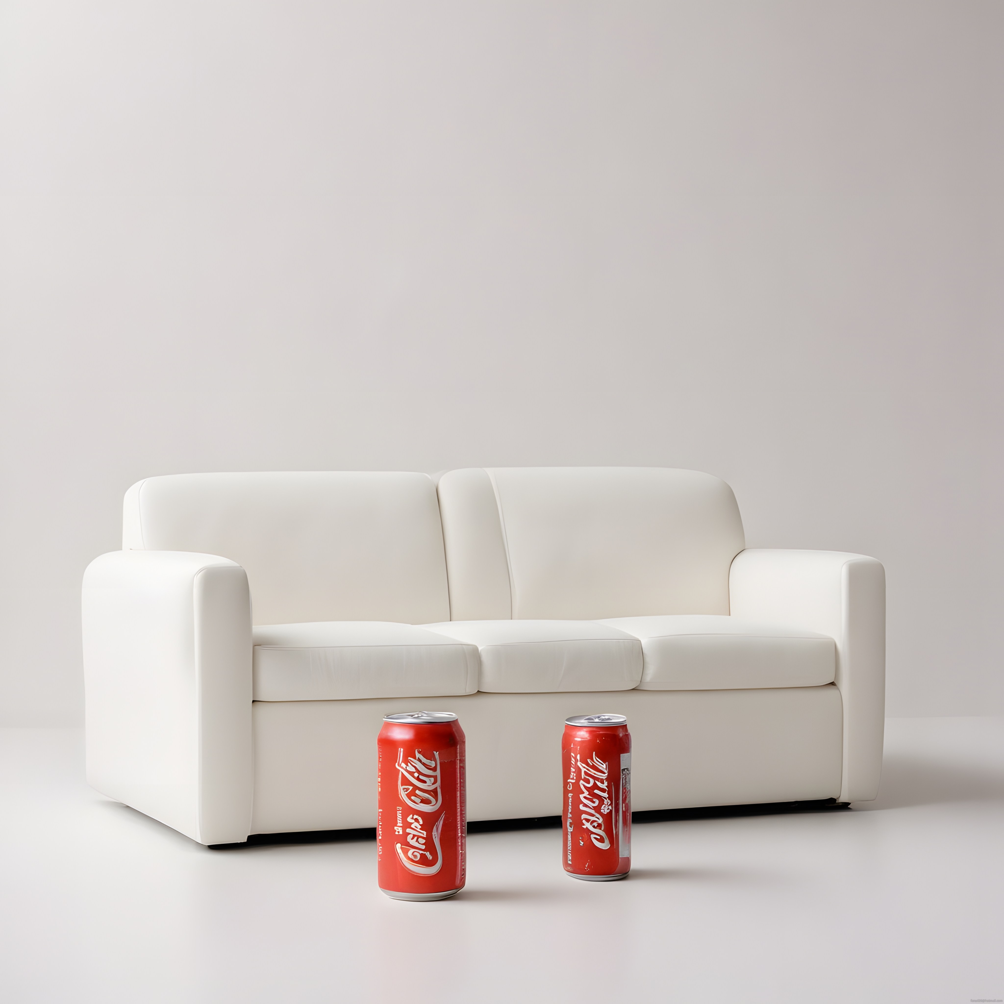 Beyaz minimalist kanepe önünde iki adet kola kutusu ile modern stüdyo çekimi