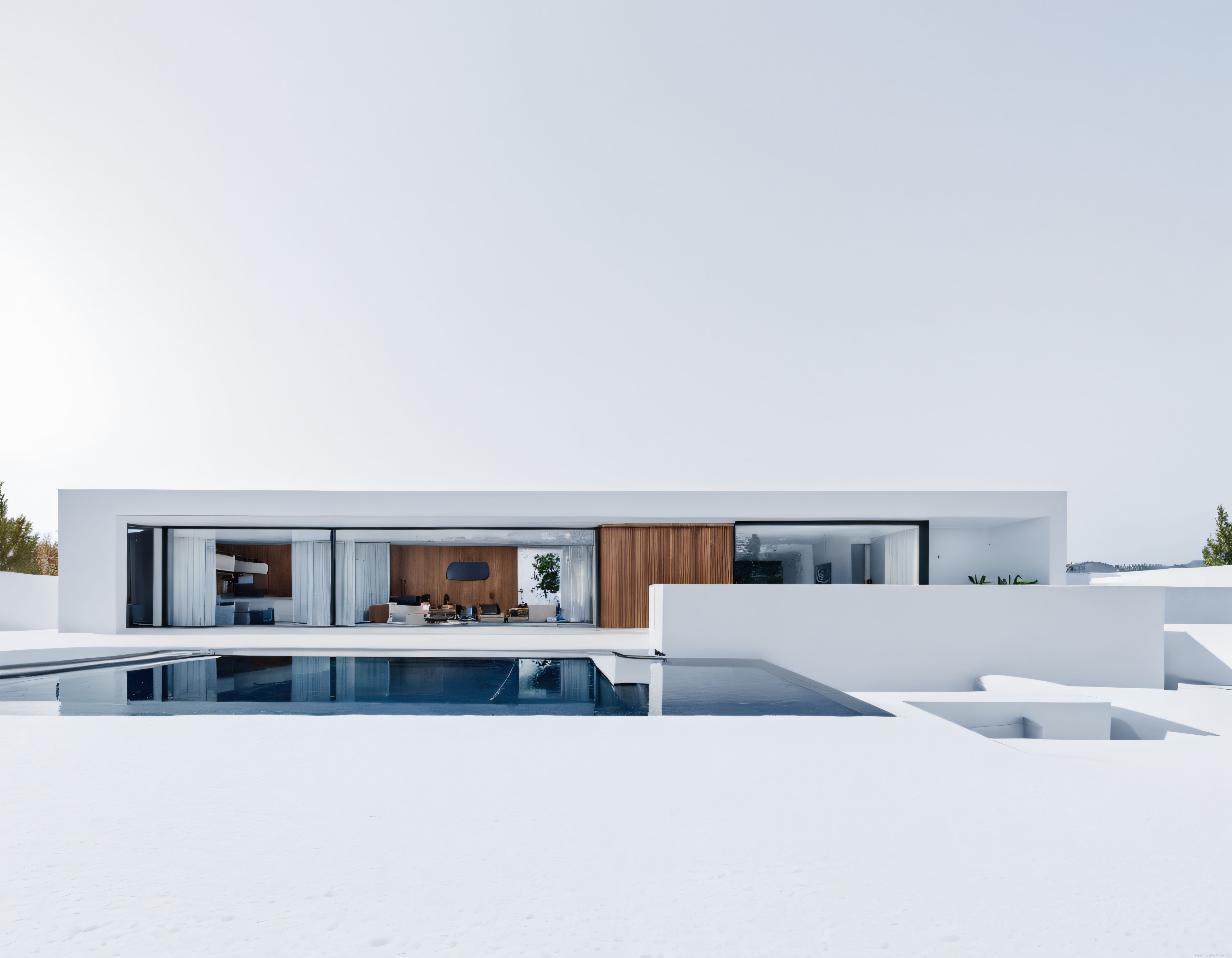 Beyaz Minimalist Modern Villa, Cam Duvarlar ve Ahşap Detaylı Havuzlu Ev
