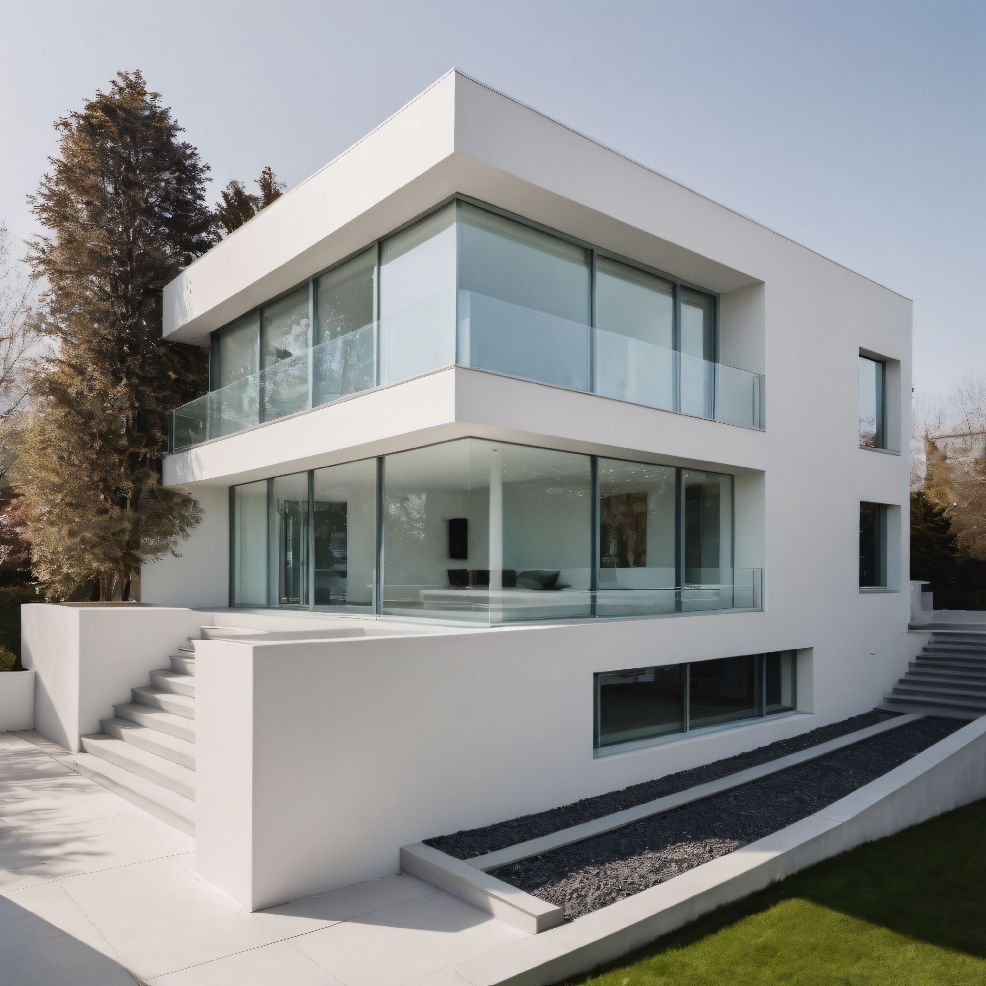 Beyaz Minimalist Modern Villa: Geniş Cam Cephe ve Geometrik Hatlar