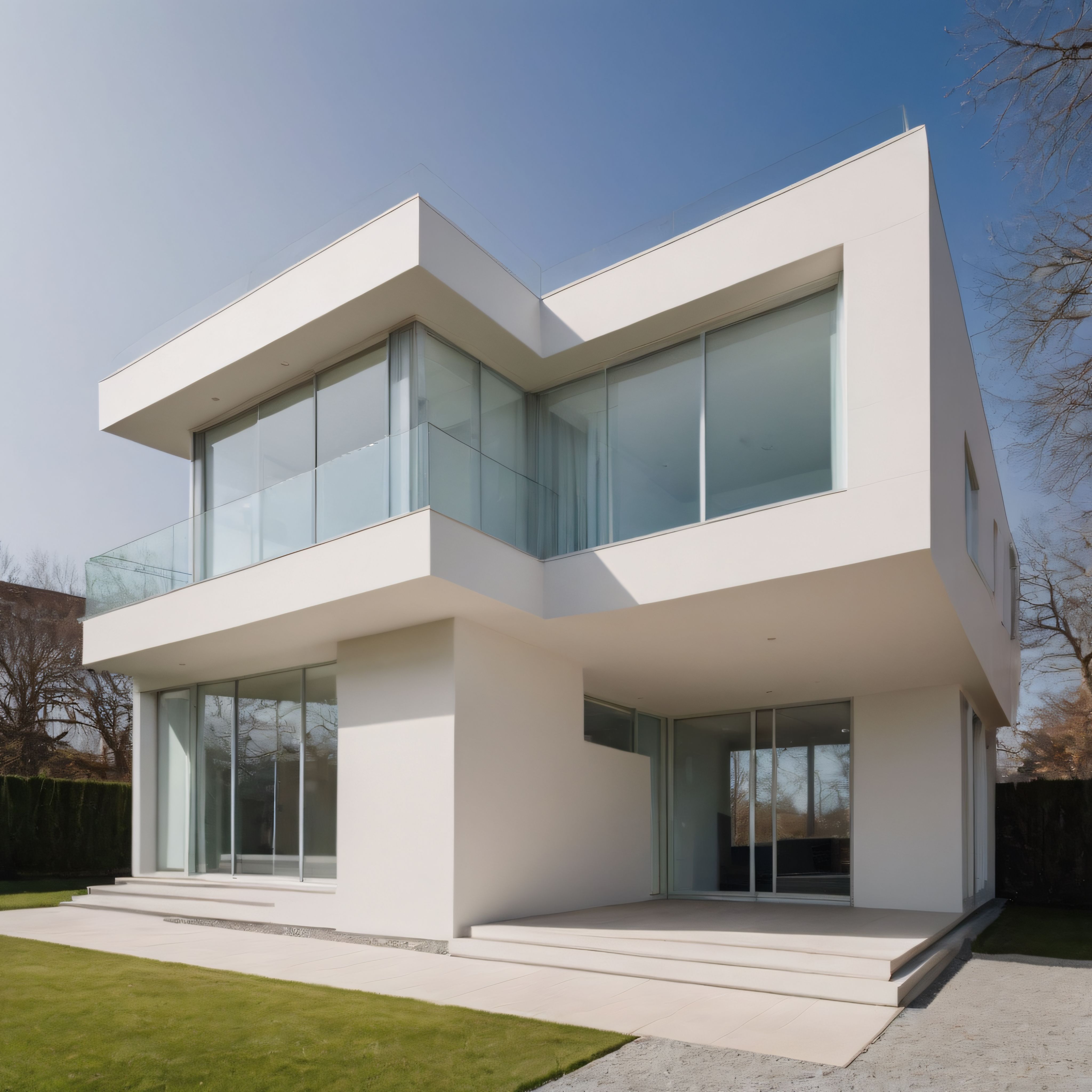 Beyaz Minimalist Modern Villa: Geometrik Çizgiler ve Geniş Cam Cepheler