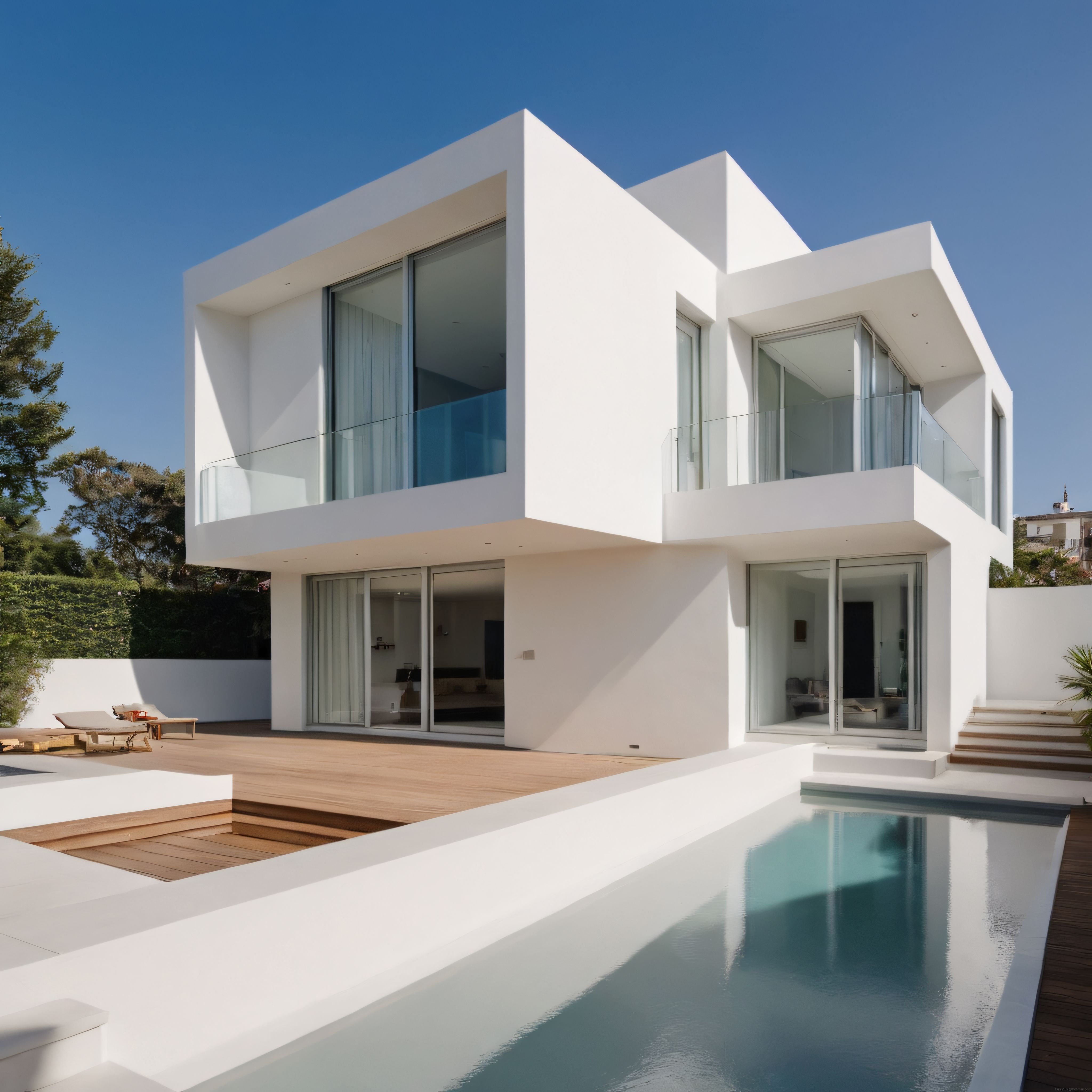 Beyaz minimalist modern villa, havuzlu teras ve cam balkon detayları