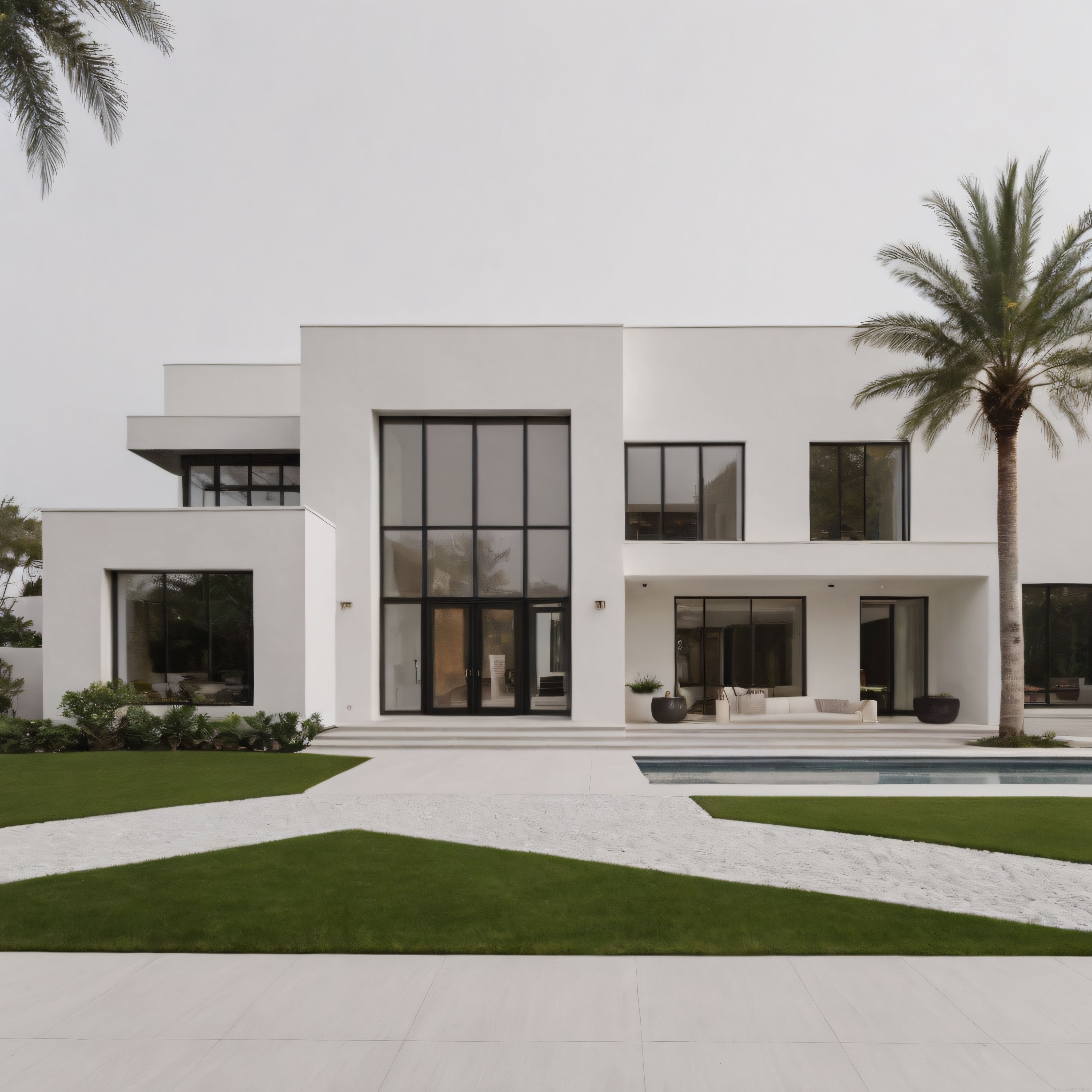 Beyaz Minimalist Modern Villa ve Havuzlu Lüks Bahçe Manzarası