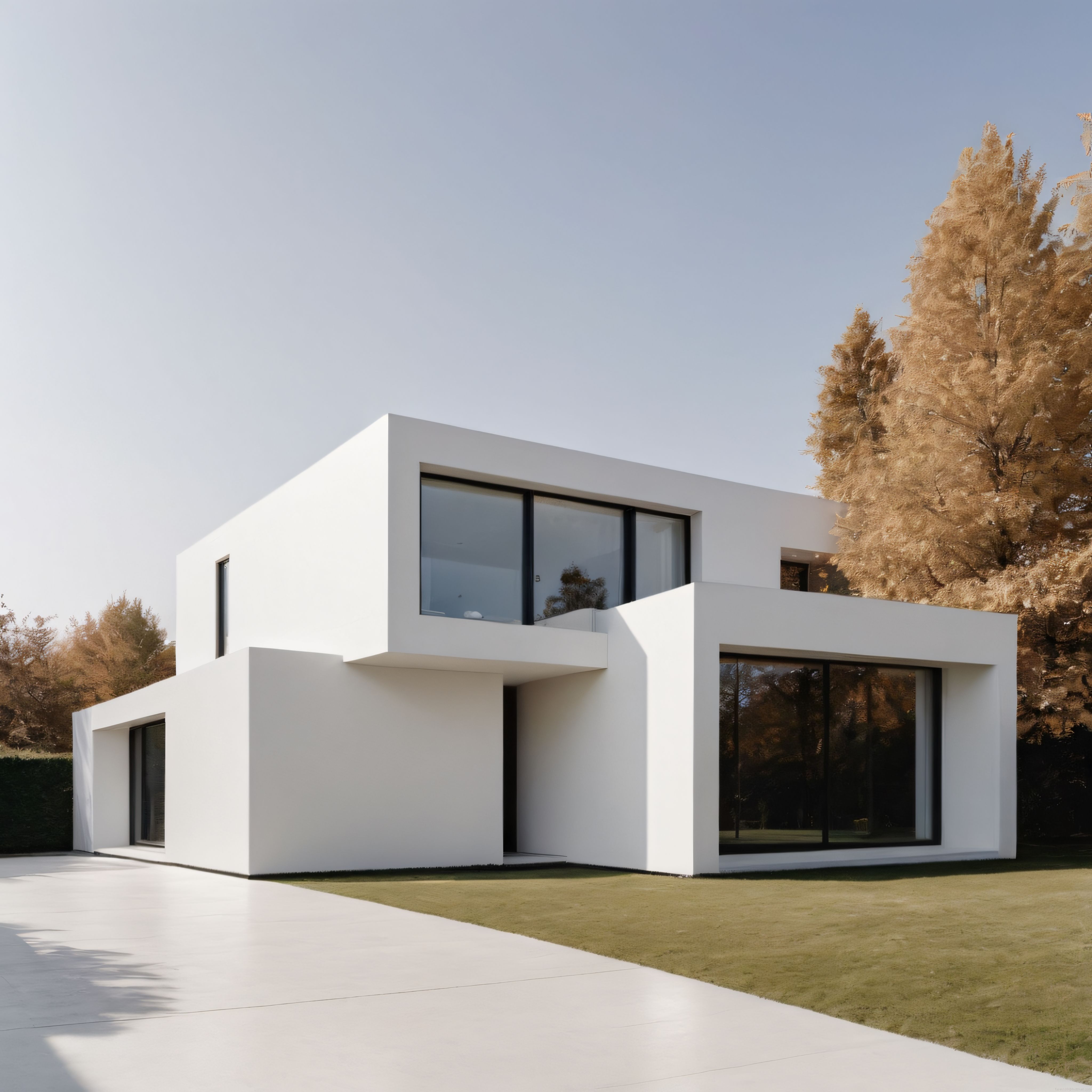Beyaz Minimalist Modern Villa ve Sonbaharın Altın Tonlarında Doğal Peyzaj