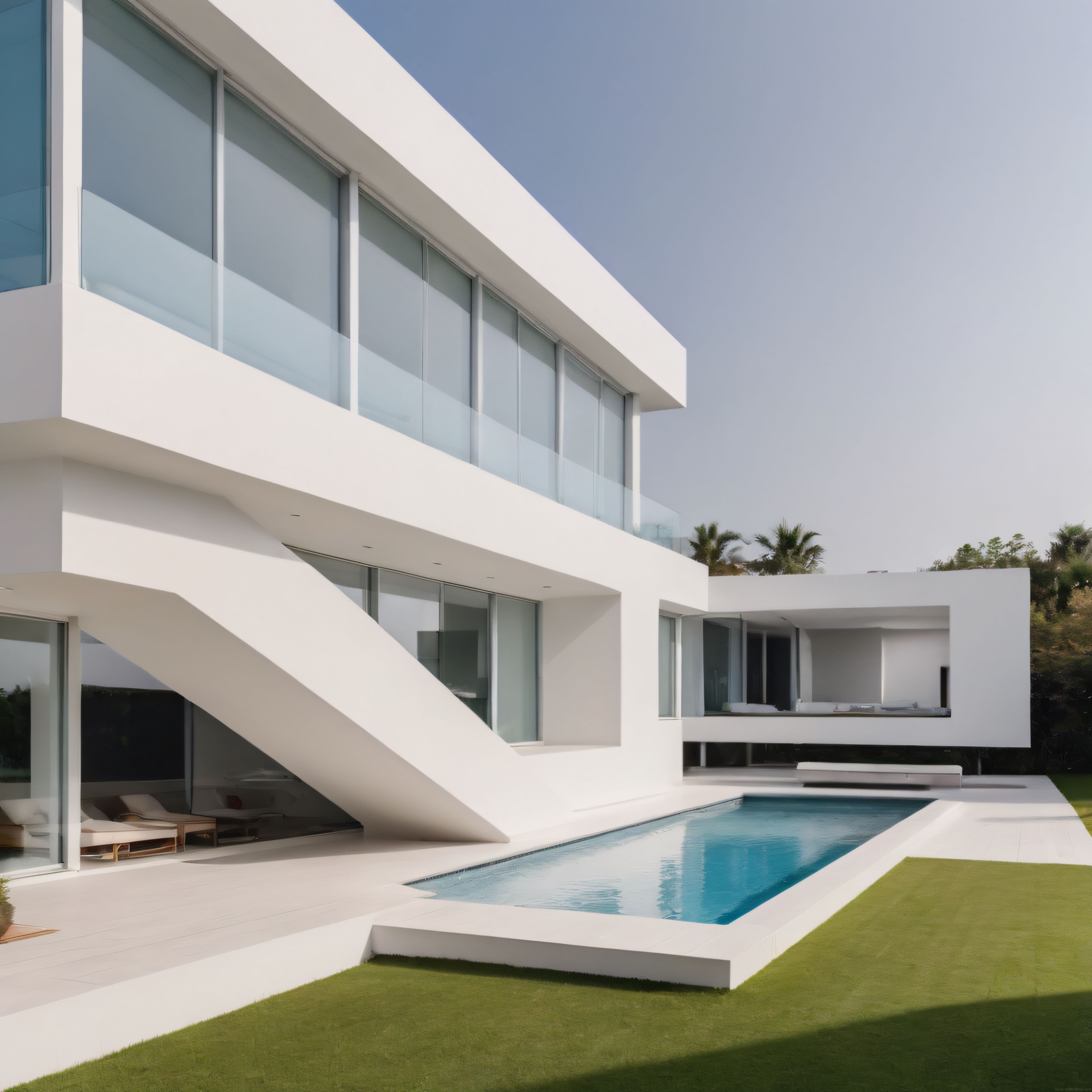 Beyaz Minimalist Modern Villa ve Yüzme Havuzu Manzaralı Mimari Fotoğraf
