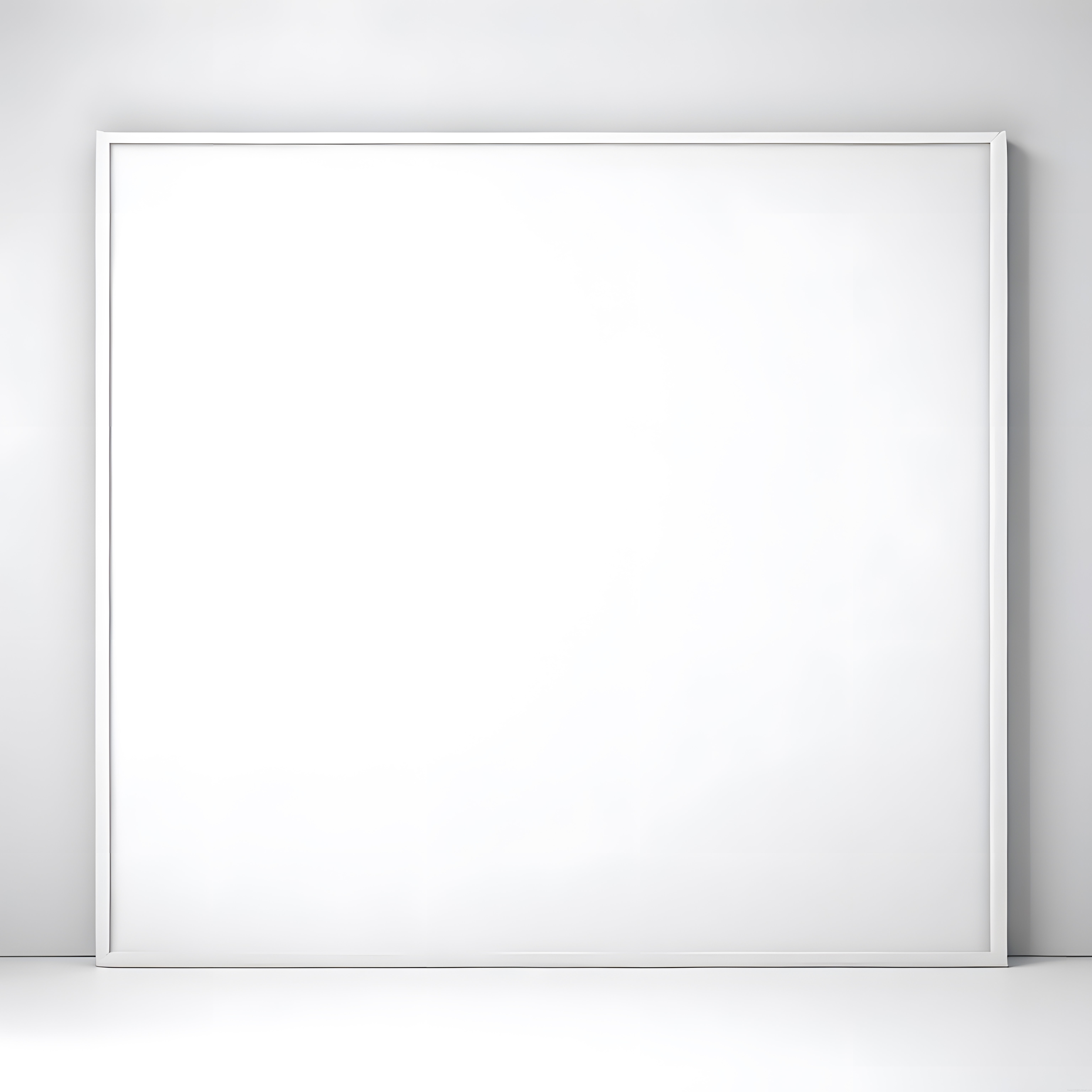 Beyaz minimalist odada duvara yaslanmış boş beyaz çerçeve sunum şablonu
