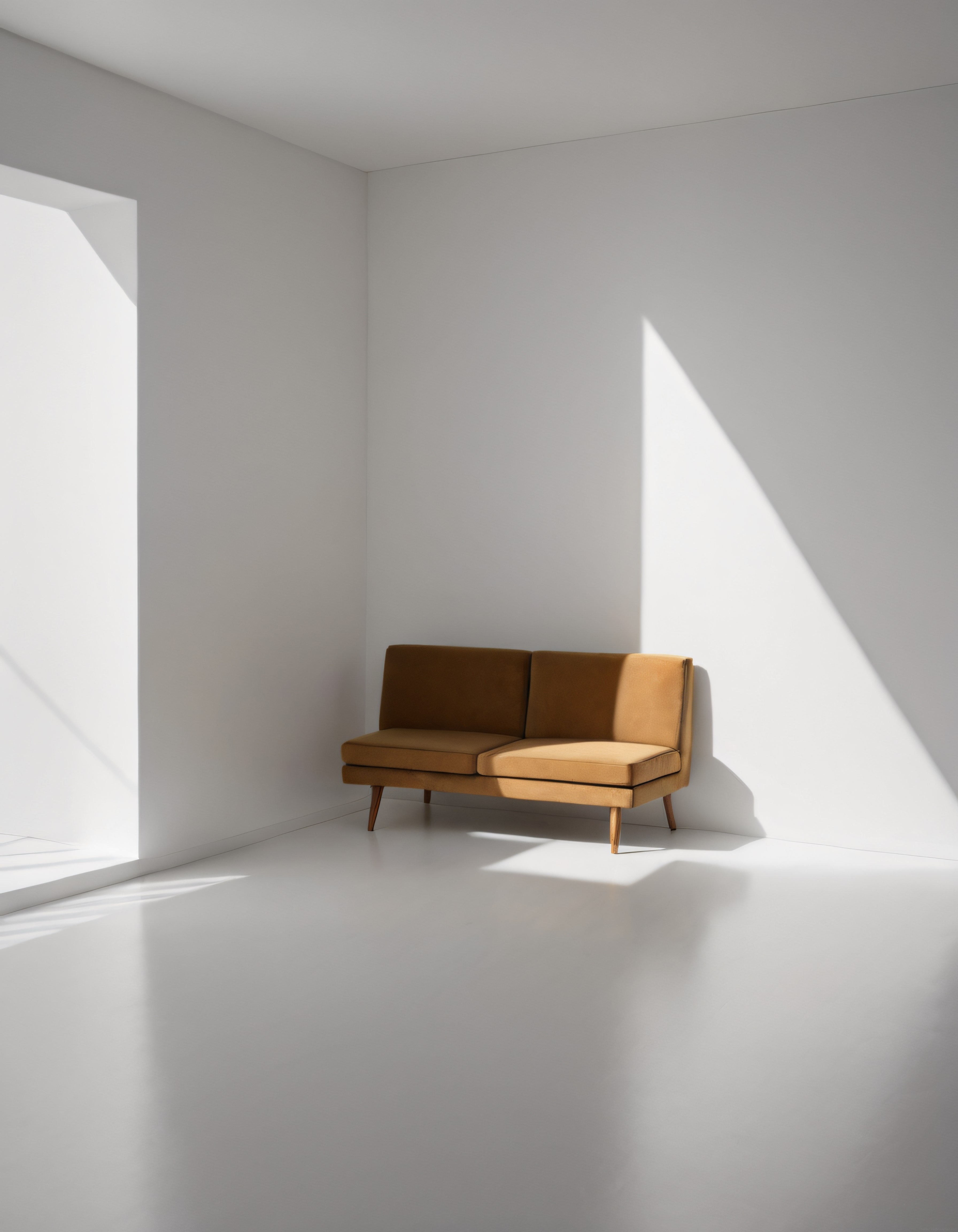 Beyaz Minimalist Odada Pencere Işığıyla Aydınlanan Hardal Rengi Modern Kanepe