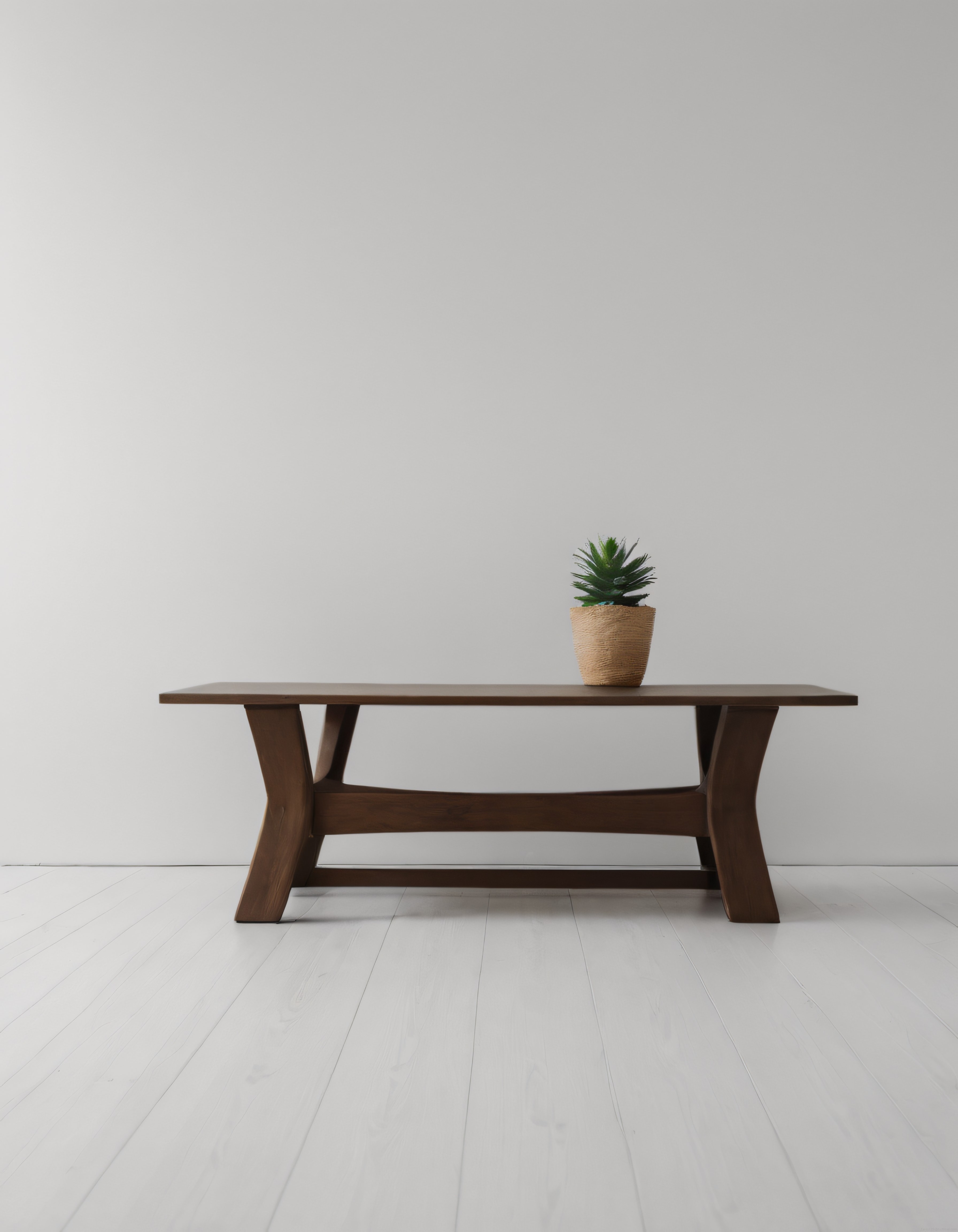 Beyaz minimalist odada şık ahşap orta sehpa ve saksılı yeşil bitki