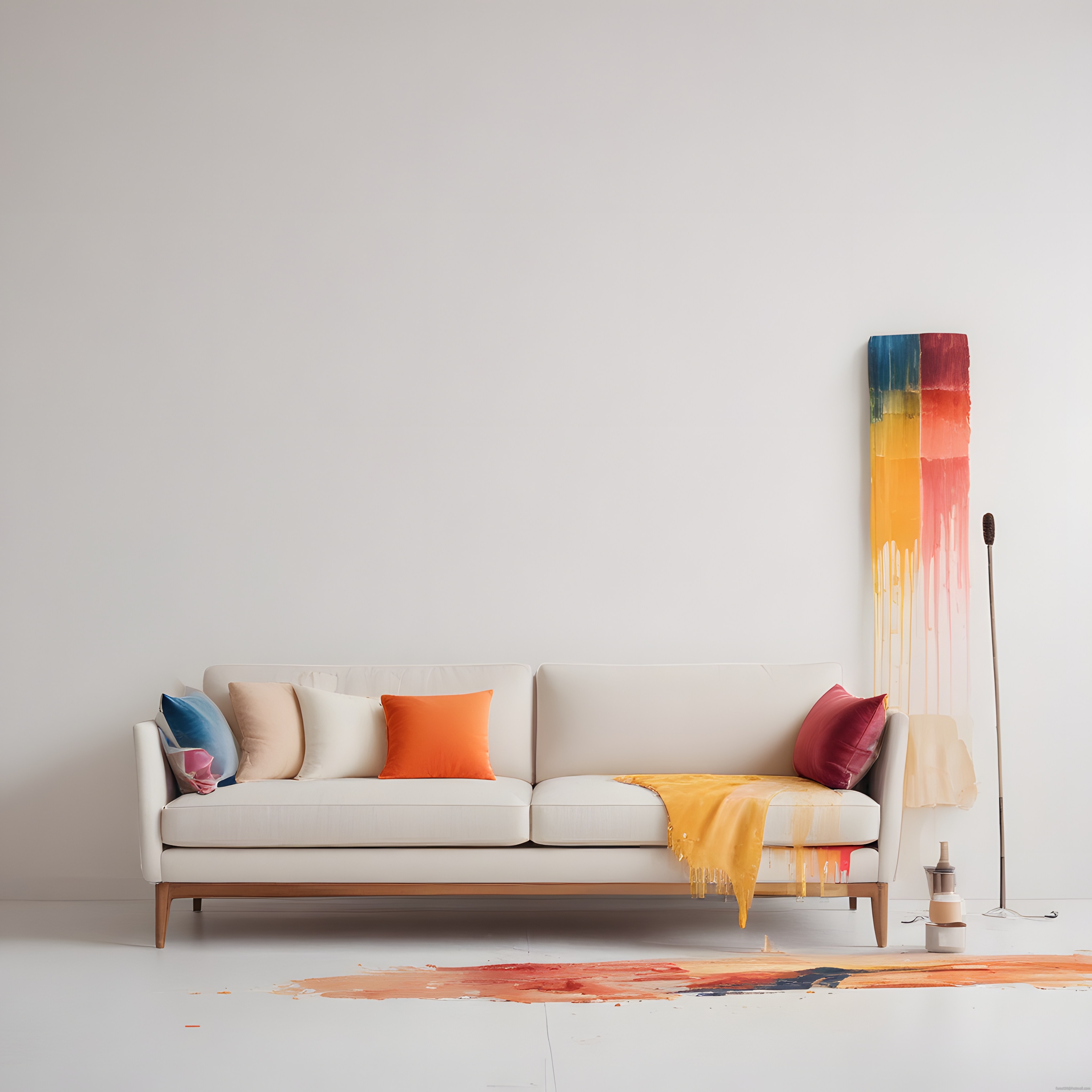 Beyaz Minimalist Oturma Odasında Renkli Boya Dokunuşlarıyla Yaratıcı Dekorasyon