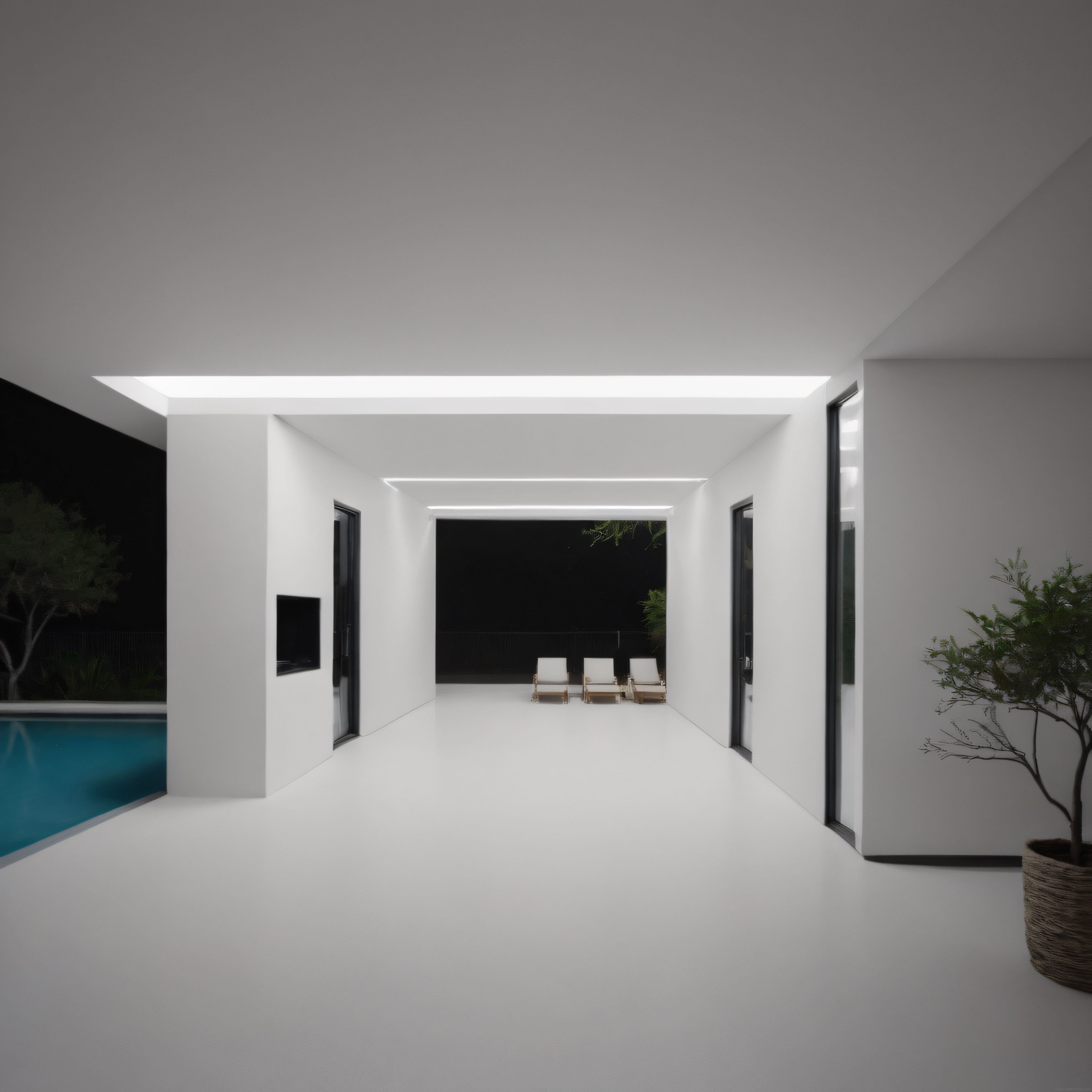Beyaz Minimalist Villa Koridorunda Gece Işıklandırması ve Havuz Manzarası