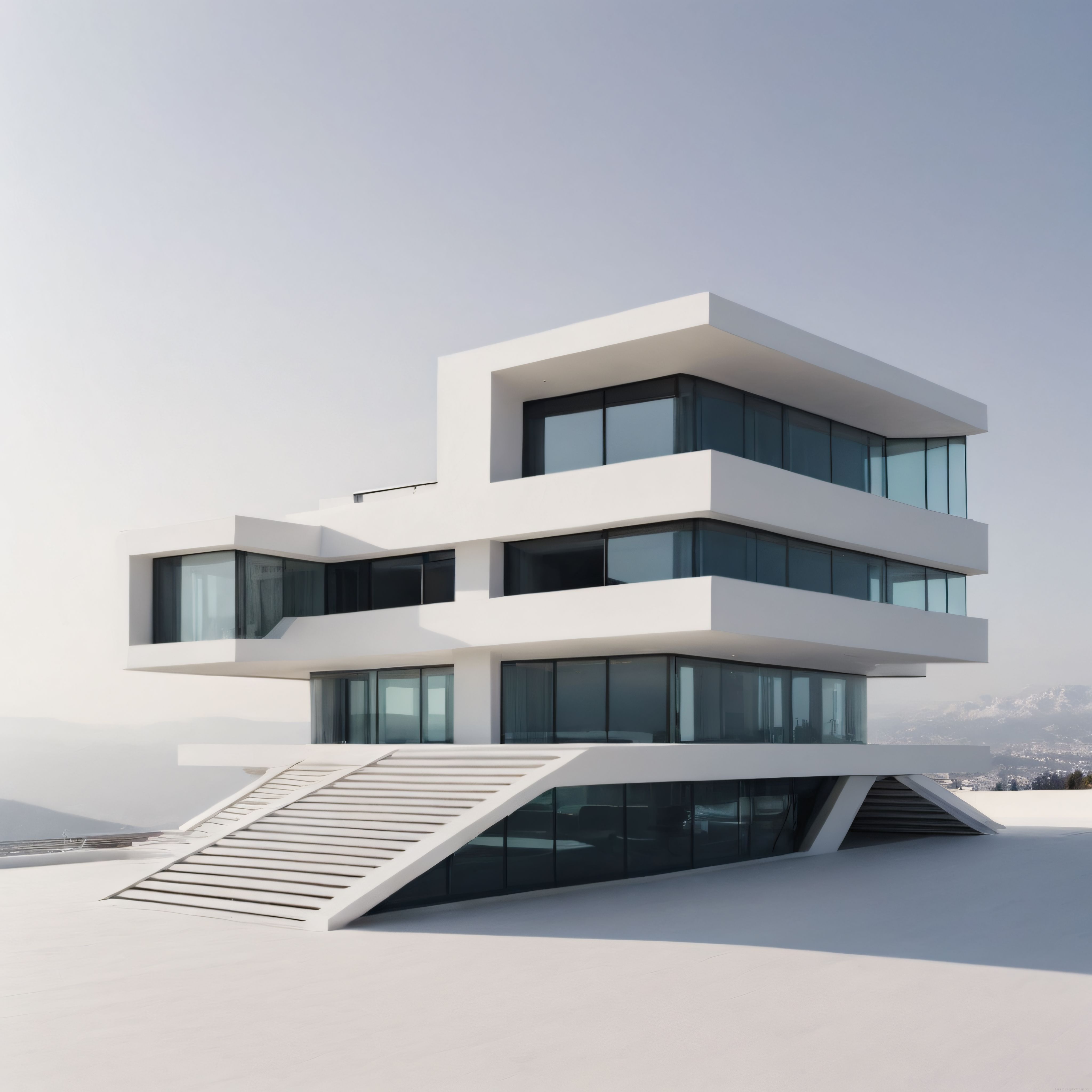 Beyaz Minimalist Villa: Modern Cam Cephe ve Eğimli Rampa Detayları