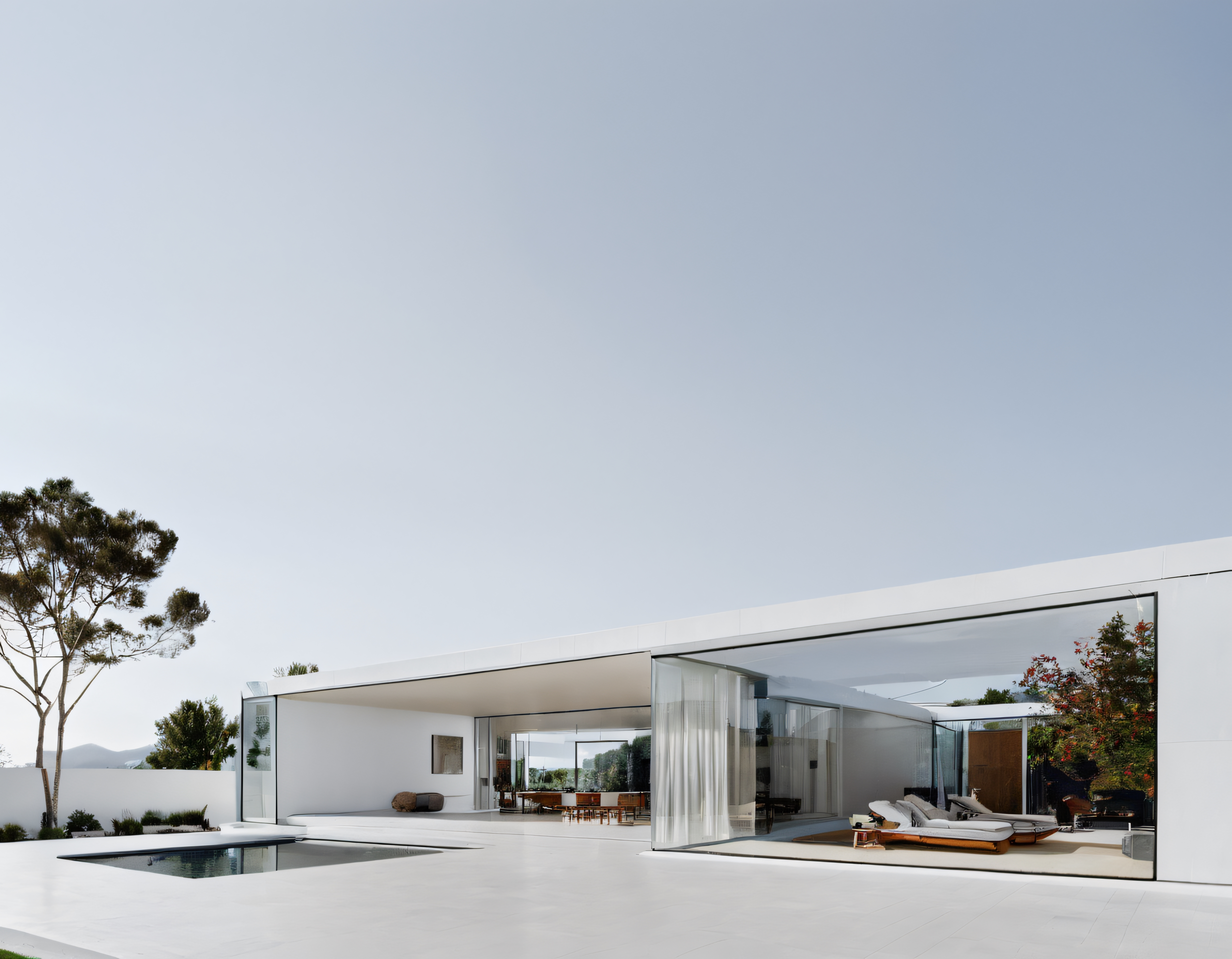 Beyaz Minimalist Villa: Modern Cam Cephe ve Sonsuzluk Havuzlu Lüks Konut