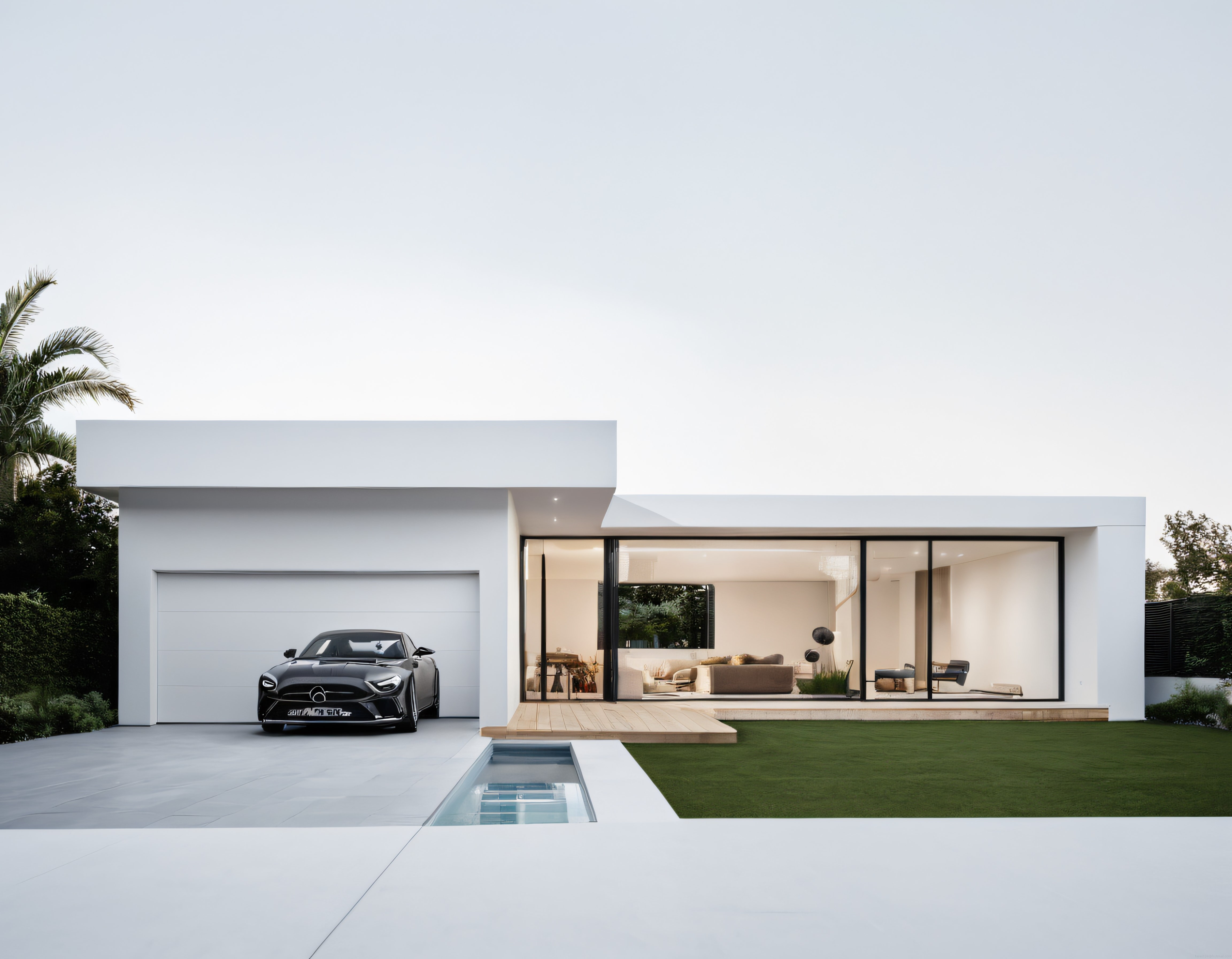 Beyaz minimalist villa önünde siyah lüks spor araba ve yeşil bahçe manzarası