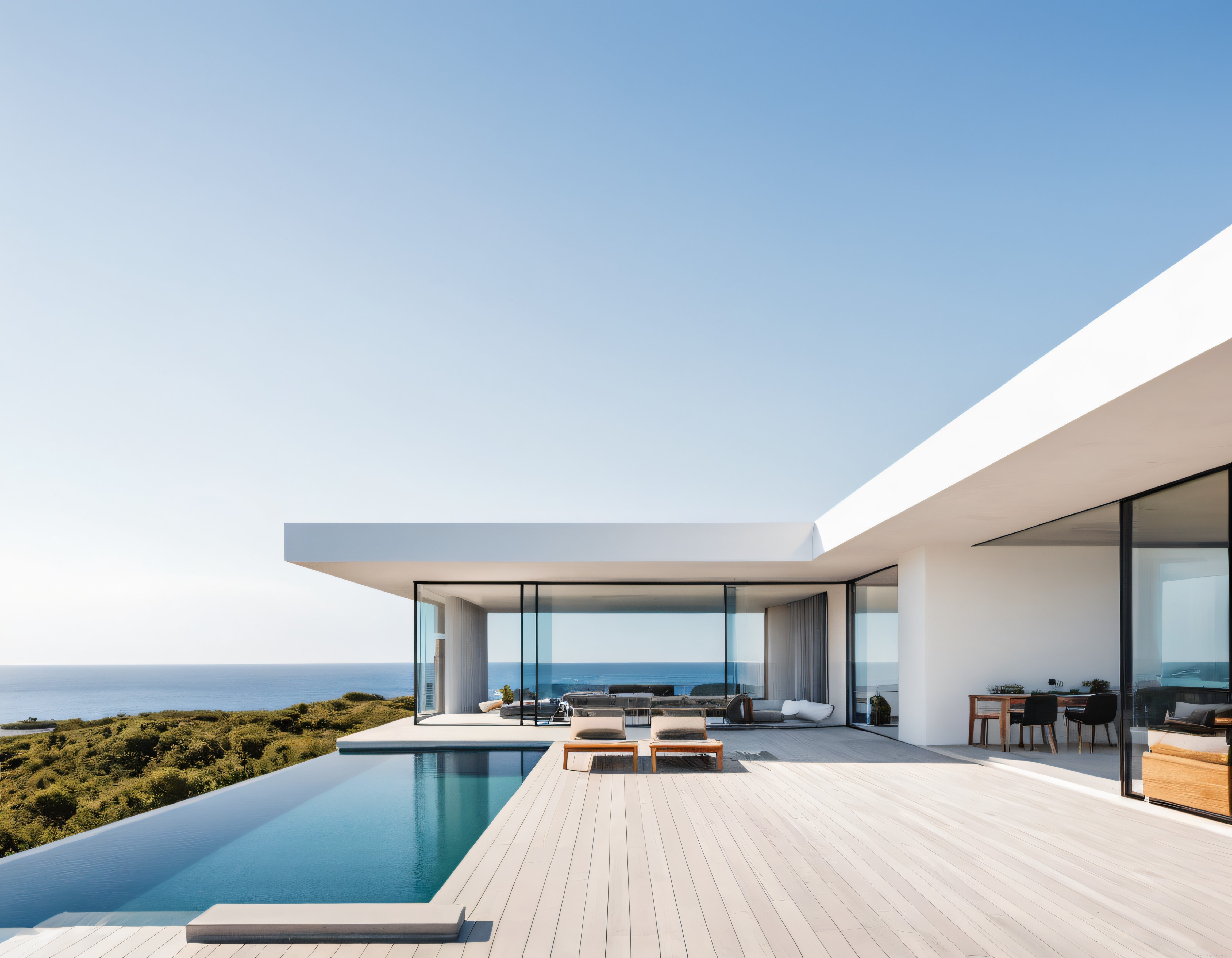 Beyaz Minimalist Villanın Sonsuzluk Havuzu ve Panoramik Deniz Manzarası