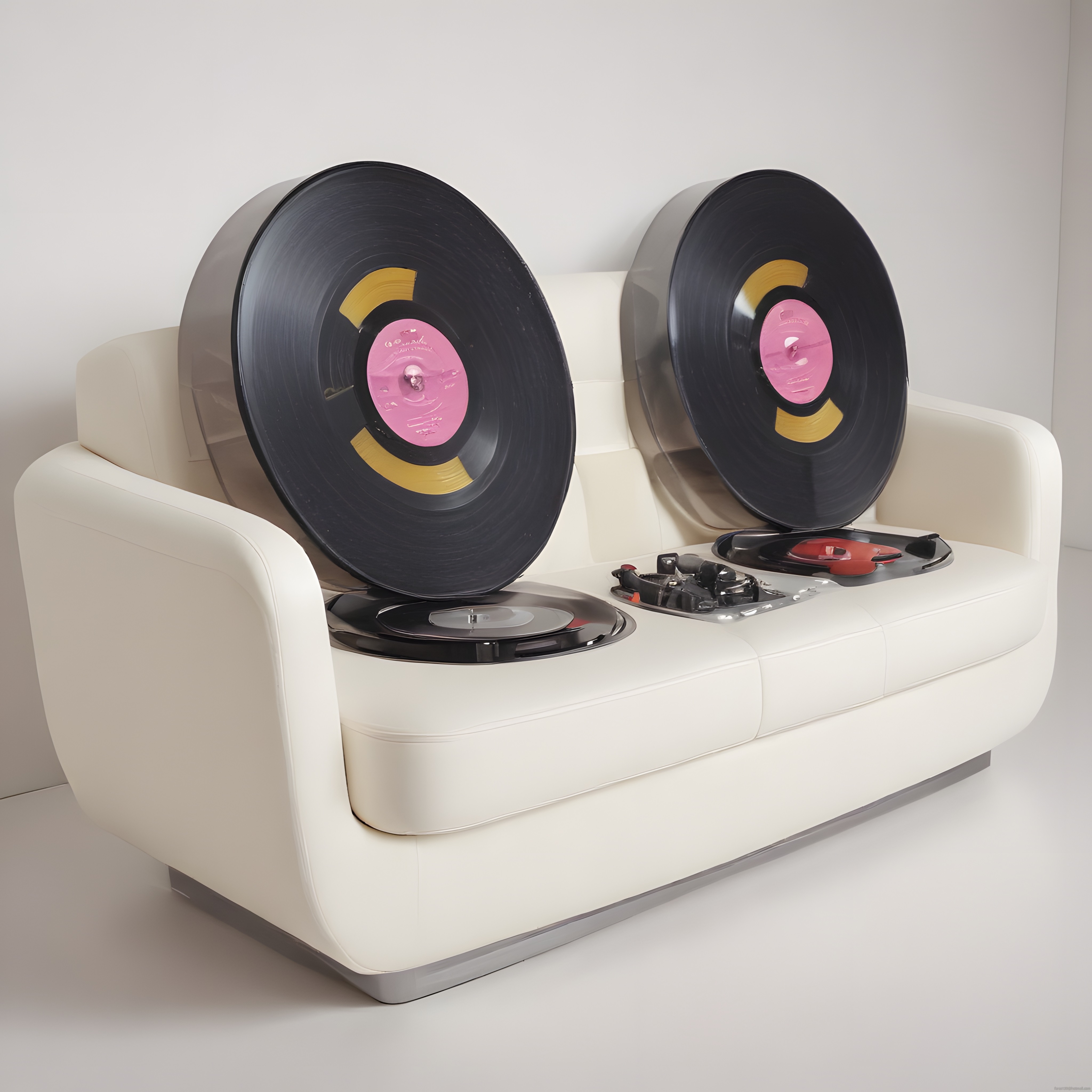 Beyaz Modern Kanepe Üzerinde Dev Vinil Plaklar ve Pikap Mekanizması Tasarımı