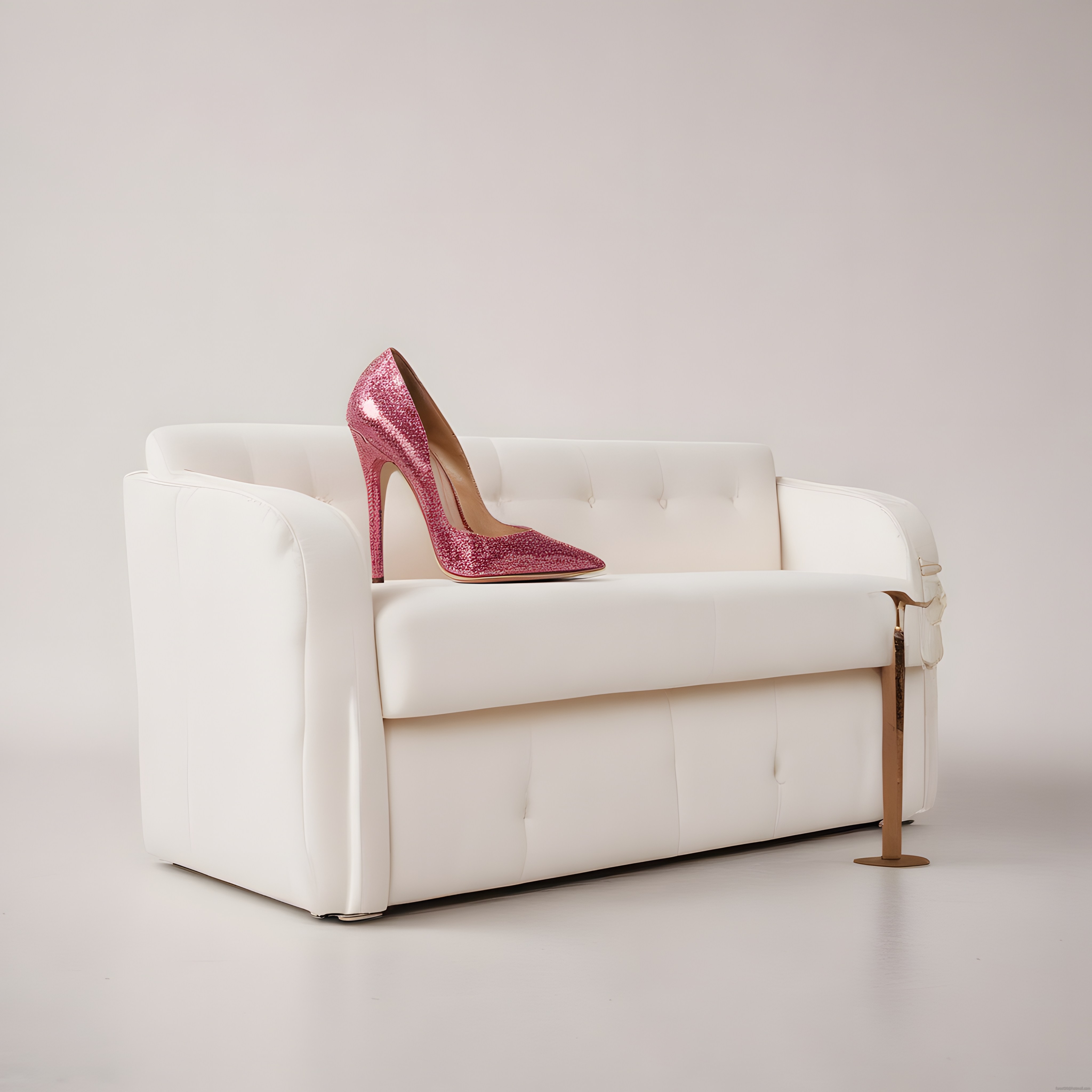 Beyaz modern kanepe üzerinde parıltılı pembe stiletto ayakkabı