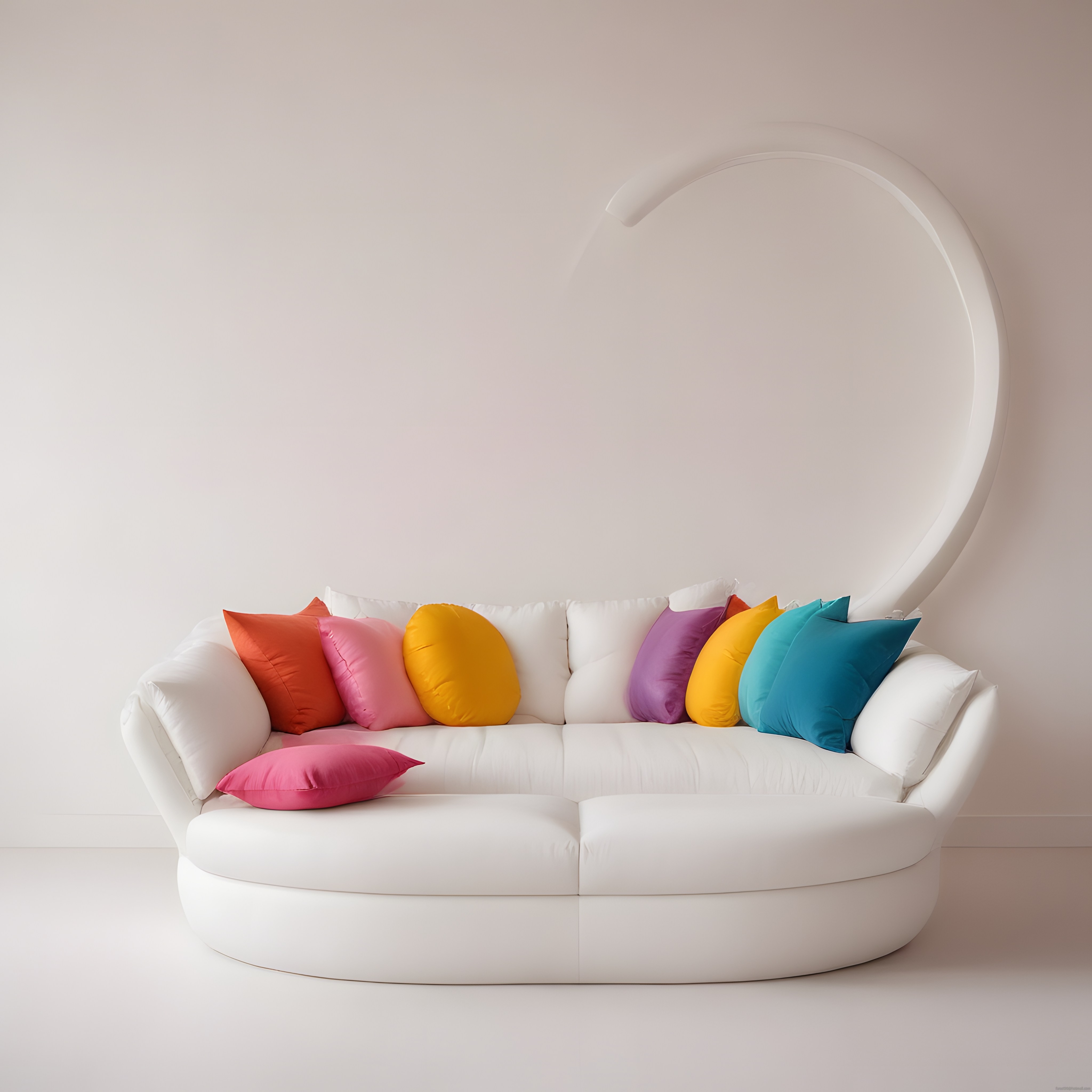 Beyaz Modern Kanepe ve Canlı Renkli Yastıklarla Minimalist İç Mekan Tasarımı