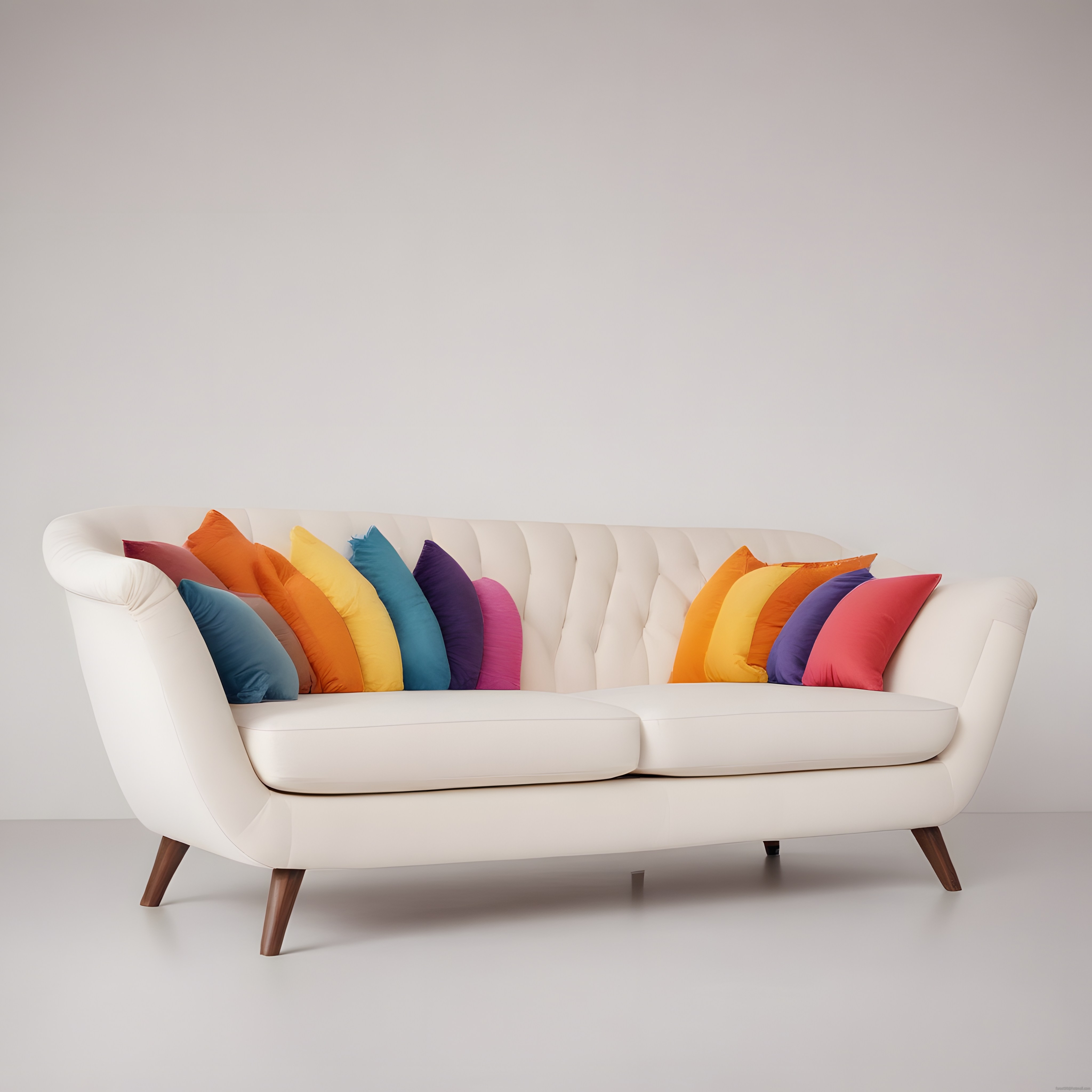 Beyaz Modern Kanepe ve Gökkuşağı Renkli Yastıkların Minimalist Uyumu