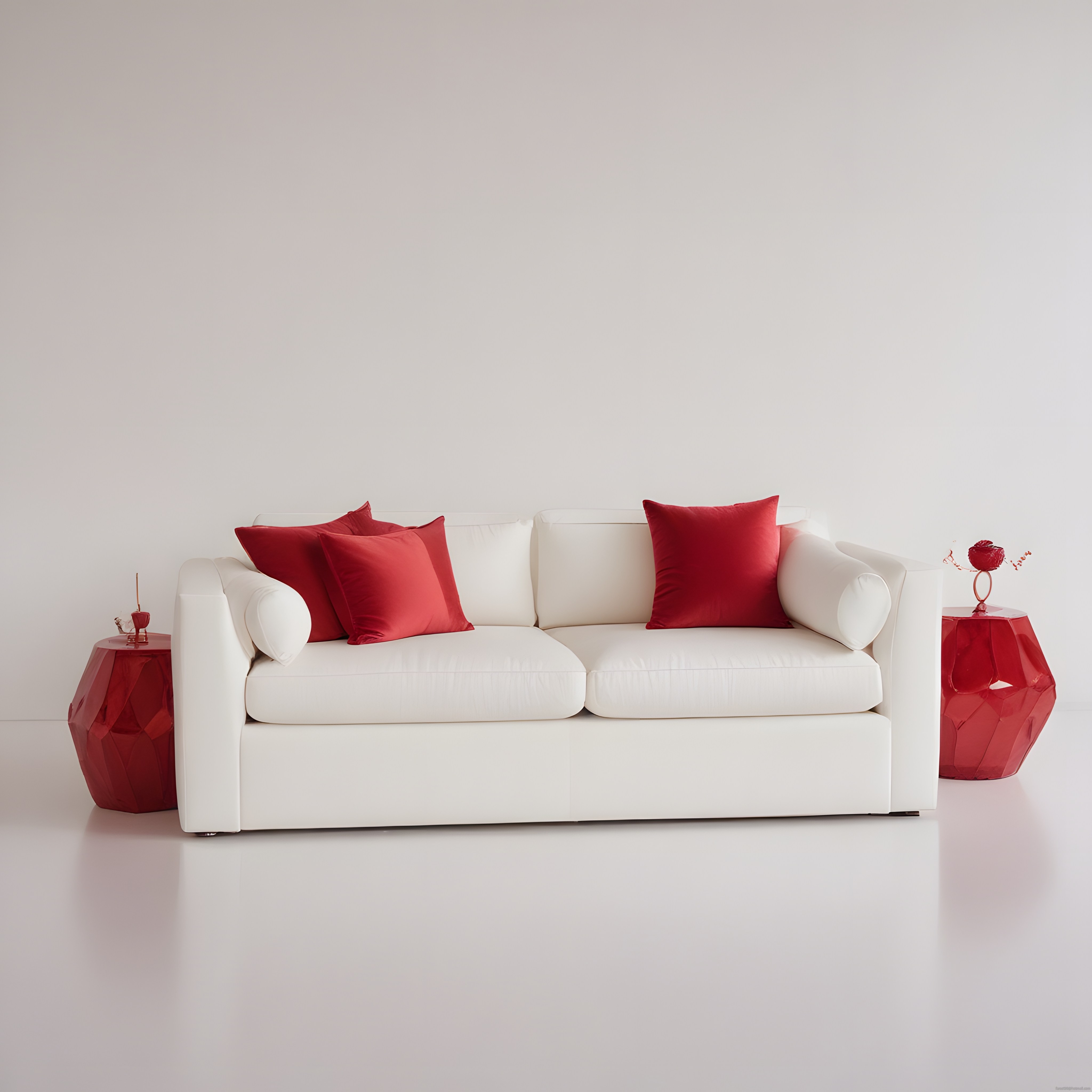 Beyaz Modern Kanepe ve Kırmızı Dekoratif Detaylarla Minimalist Salon Tasarımı
