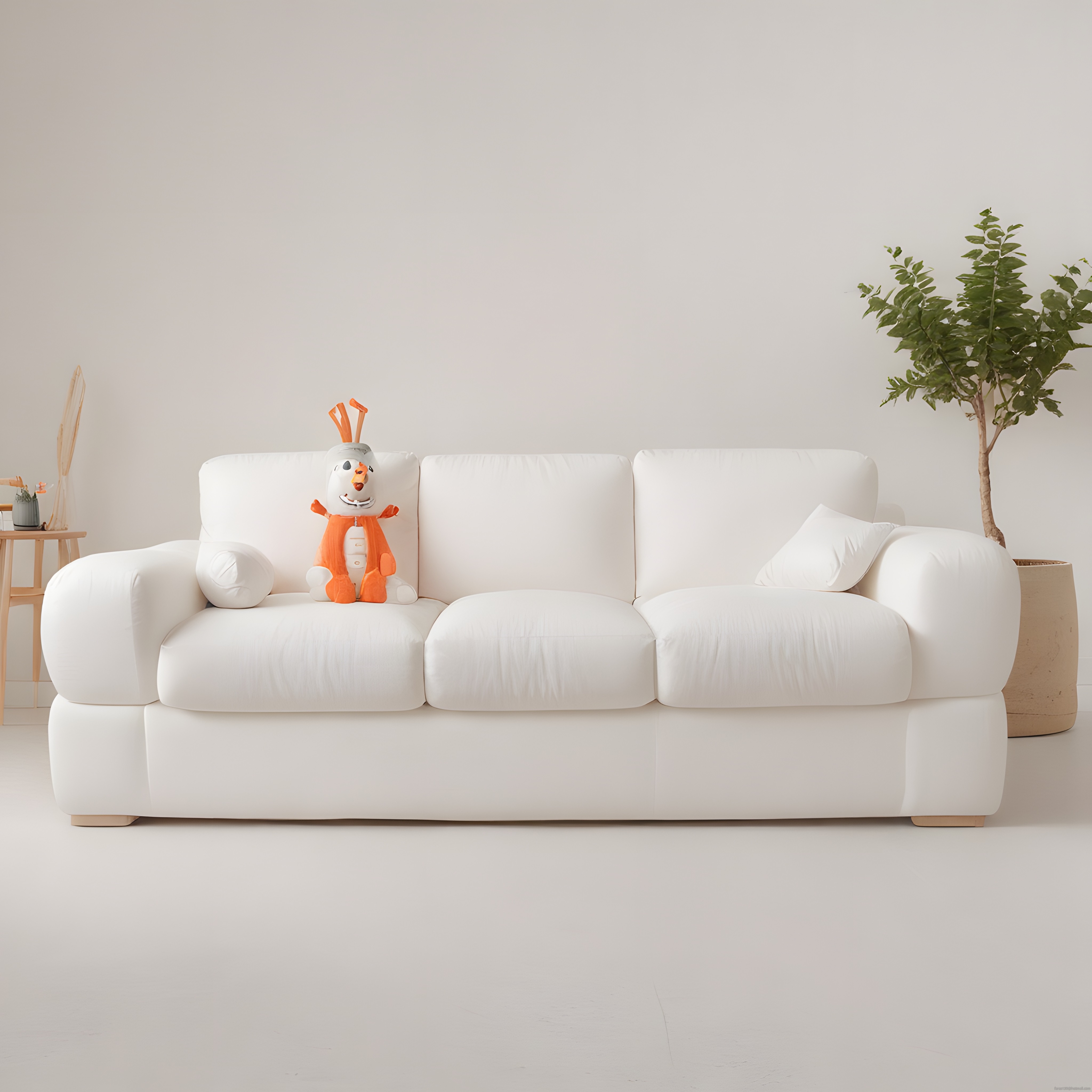 Beyaz Modern Kanepe ve Sevimli Pelüş Oyuncakla Huzurlu Minimalist Ev Dekoru