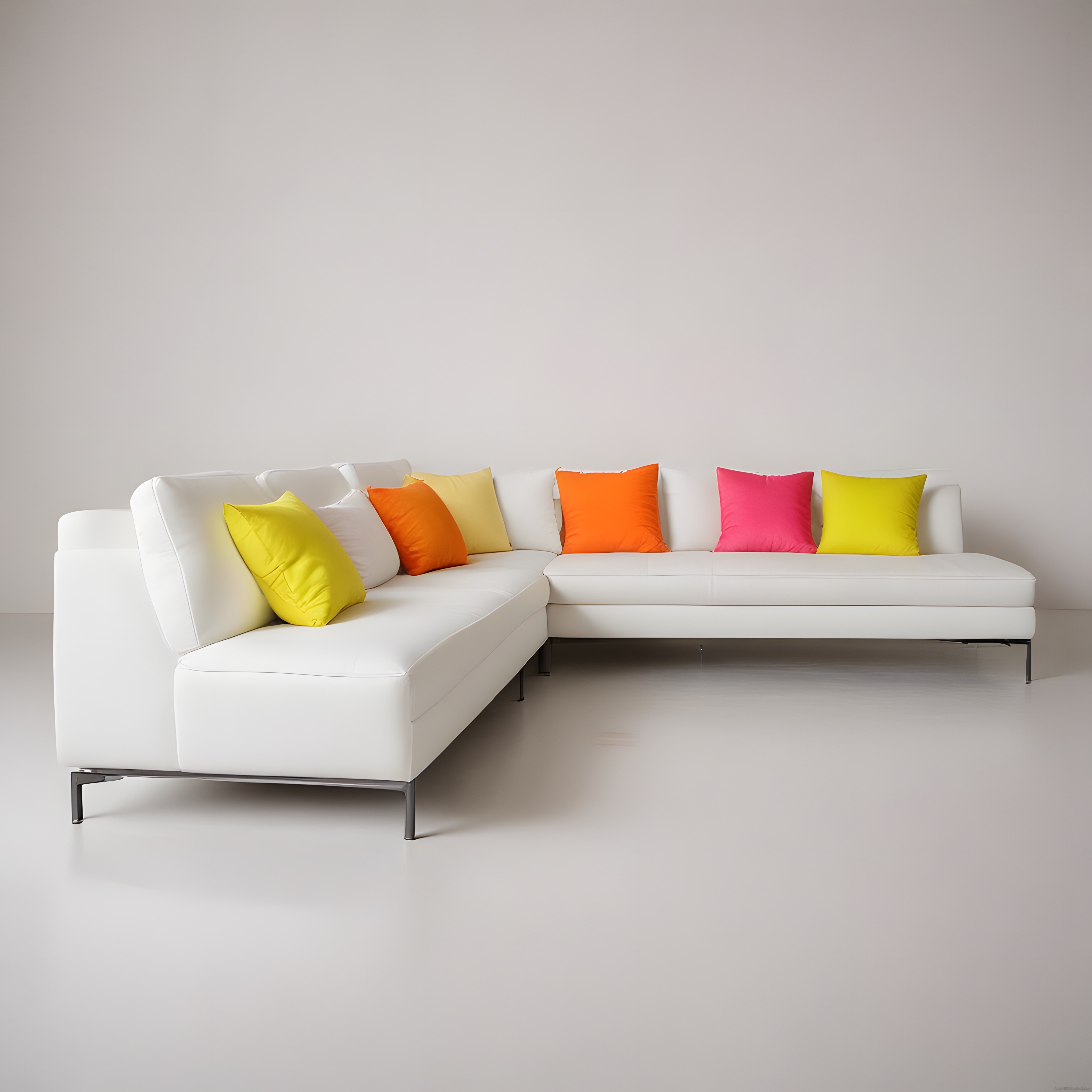 Beyaz Modern Köşe Kanepe ve Neon Renkli Yastıklarla Minimalist Mekan Tasarımı