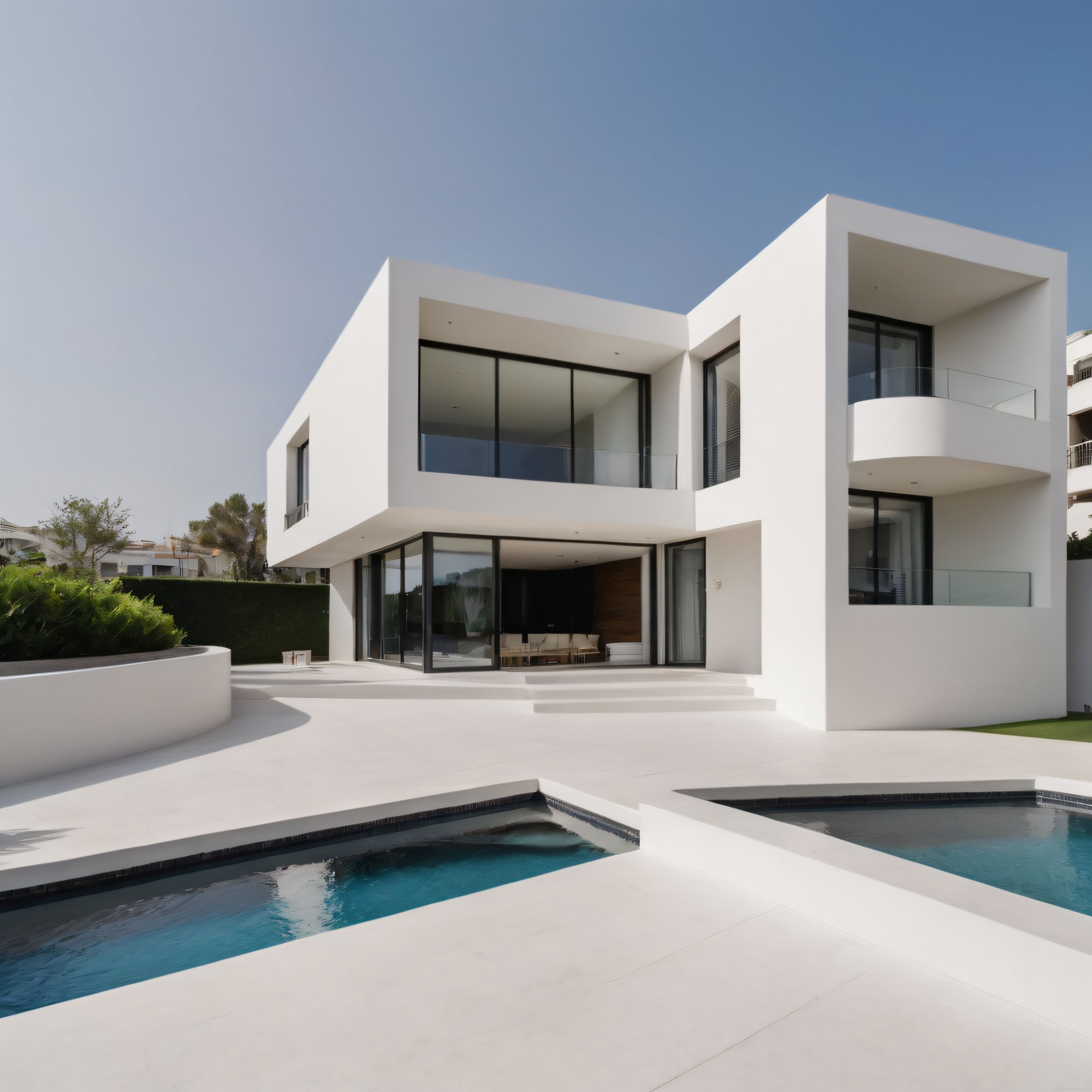 Beyaz Modern Mimariye Sahip Lüks Villa ve Önündeki Minimalist Yüzme Havuzu