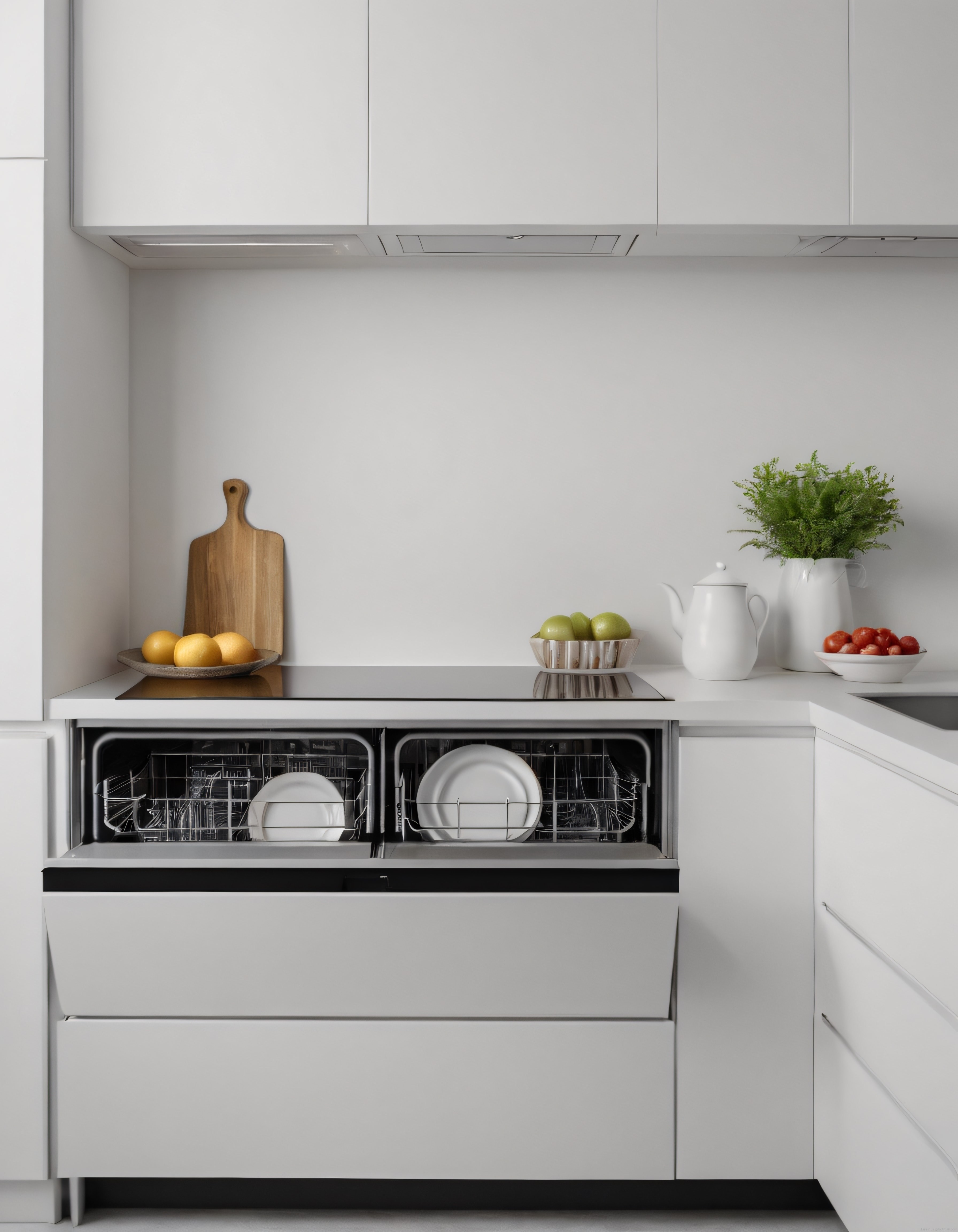 Beyaz Modern Mutfak Dekorasyonu ve Açık Çekmeceli Bulaşık Makinesi Detayı