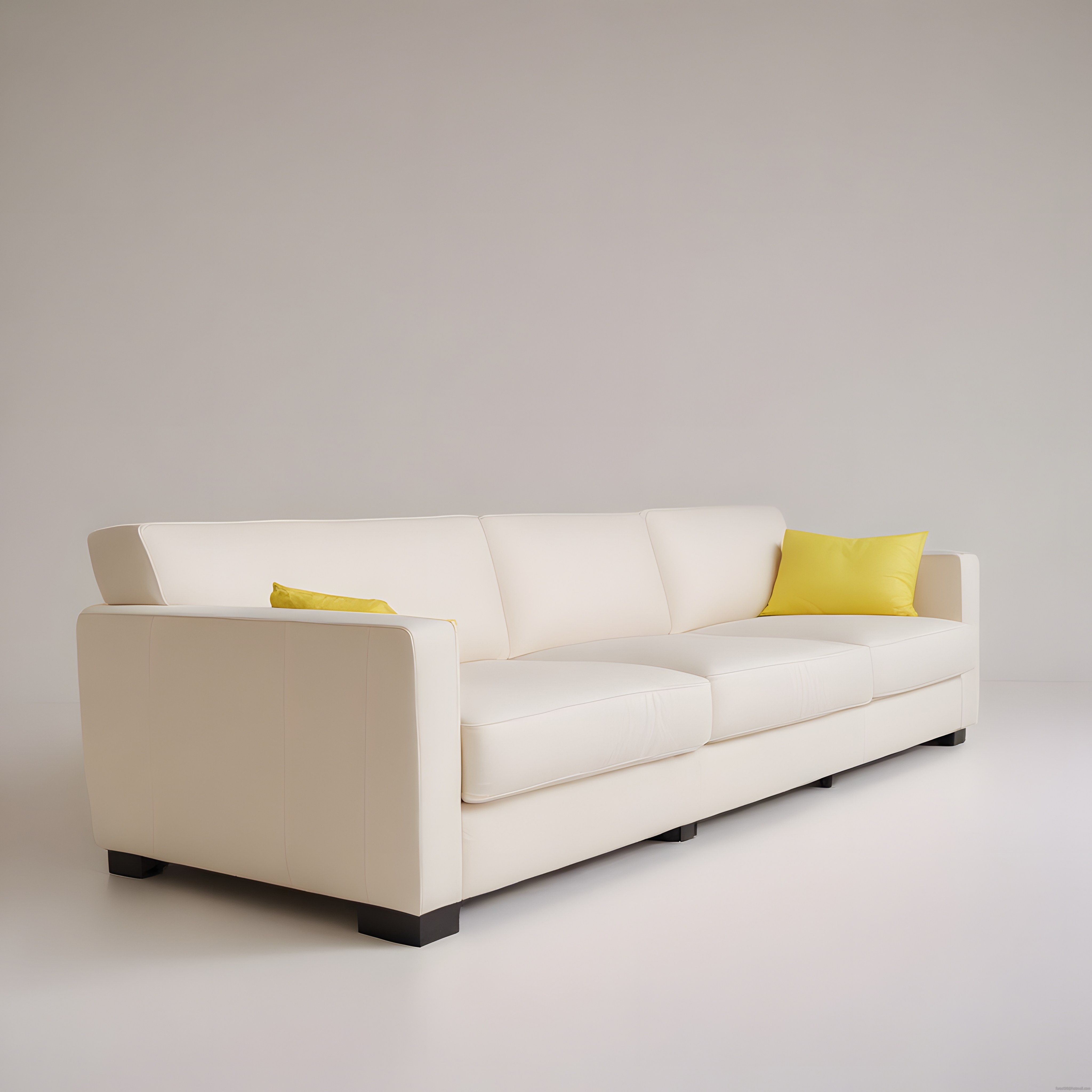 Beyaz Modern Üçlü Kanepe ve Canlı Sarı Yastıklarla Minimalist Ev Dekoru