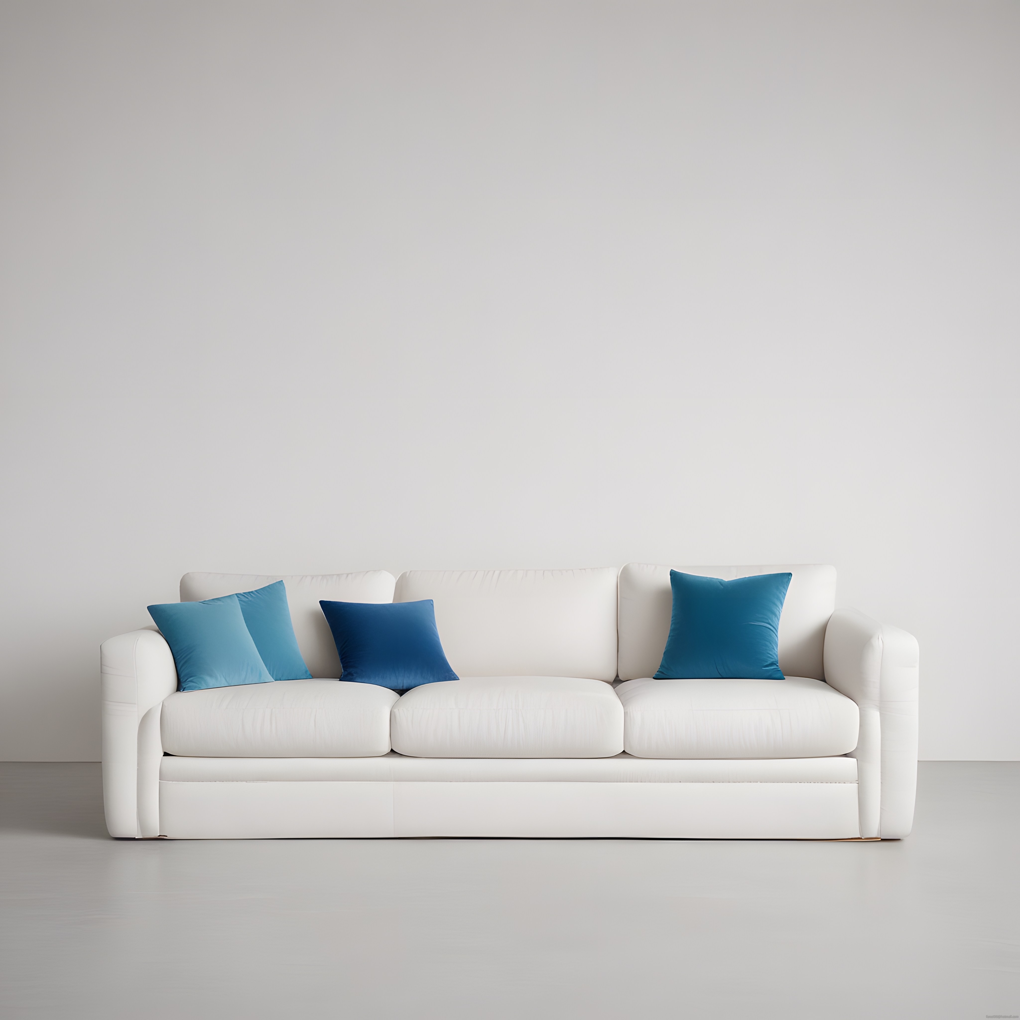 Beyaz Modern Üçlü Koltuk ve Mavi Yastıklarla Minimalist Salon Dekorasyonu