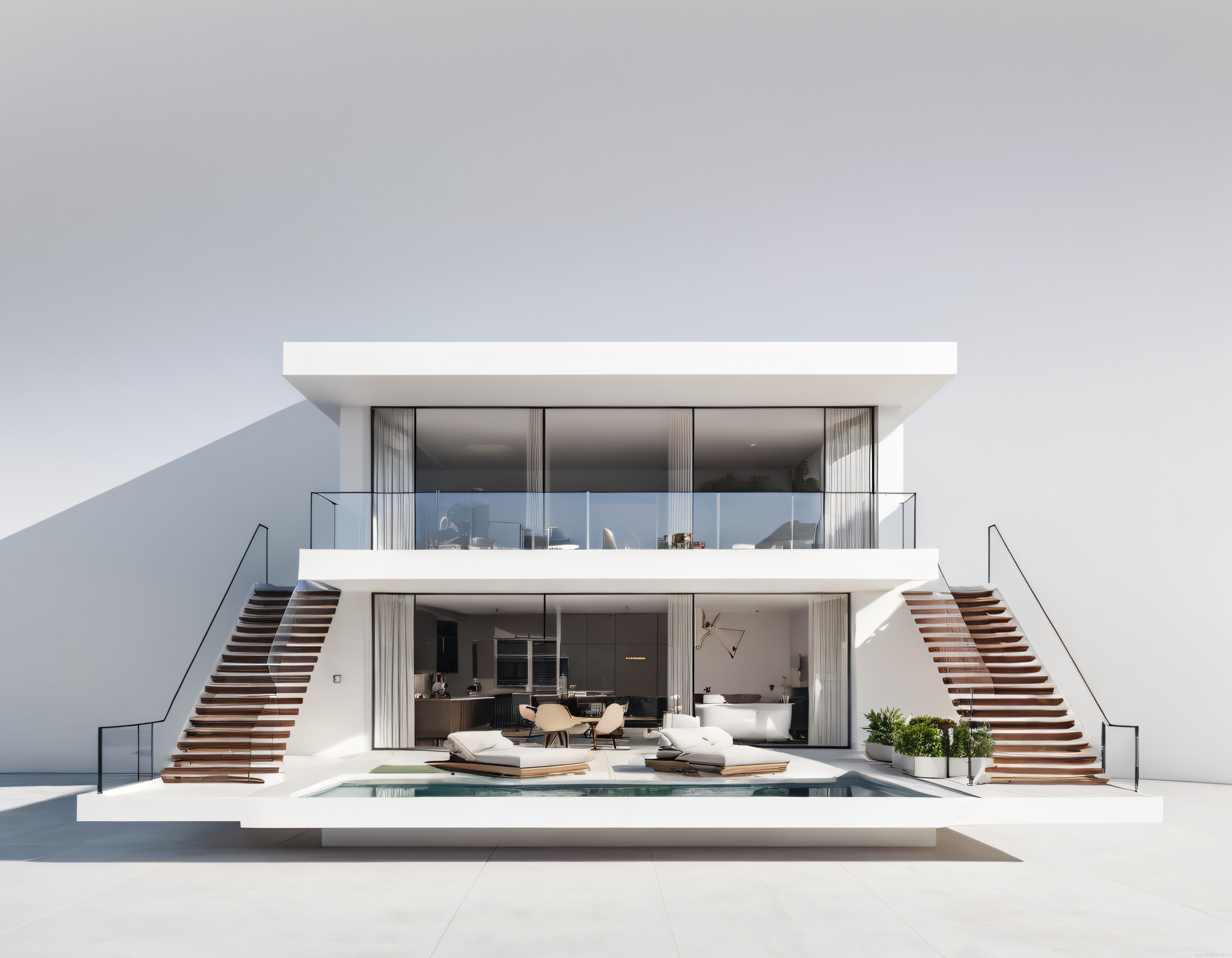 Beyaz Modern Villa: Çift Katlı Cam Korkuluklu Mimari ve Havuzlu Bahçe
