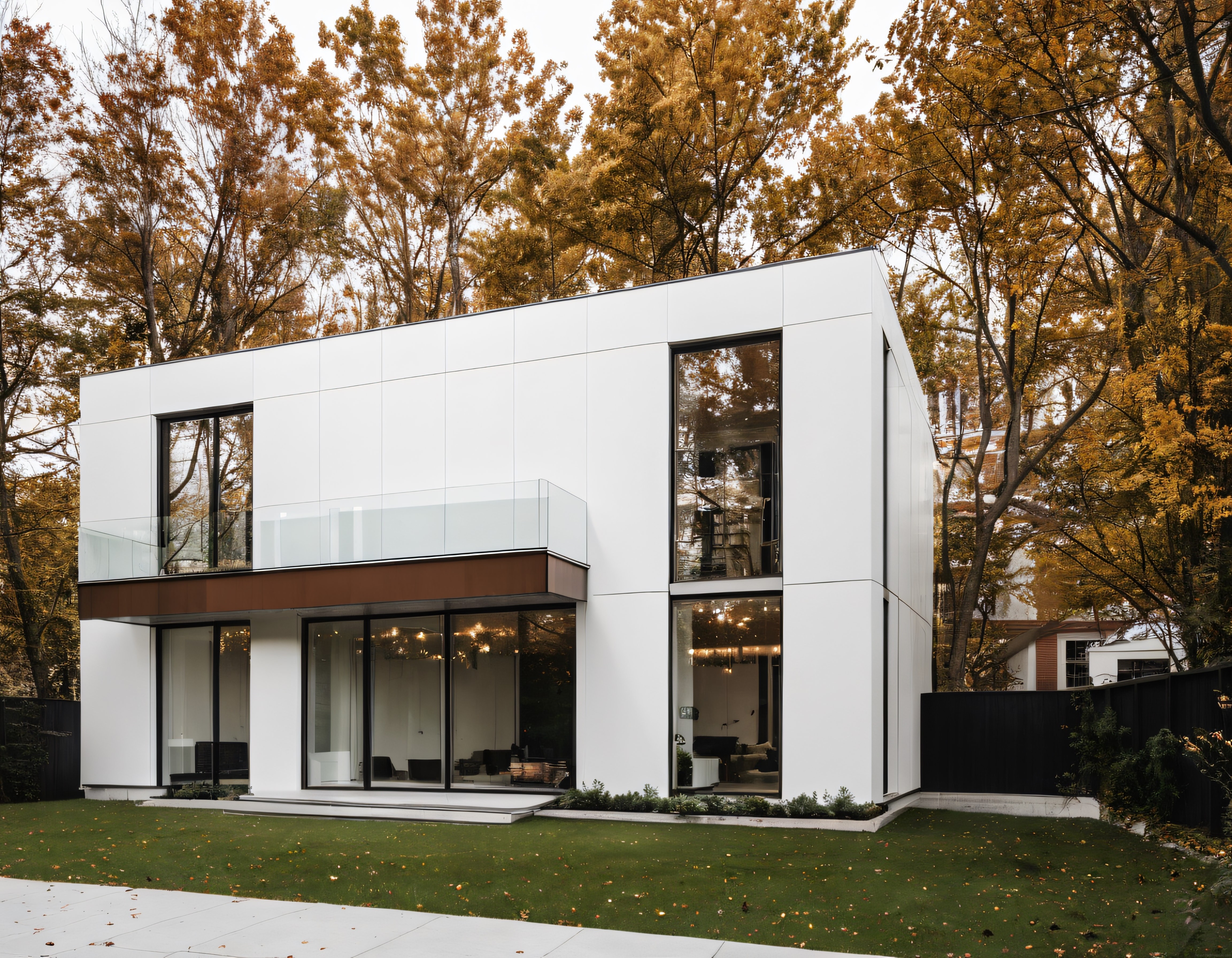 Beyaz Modern Villa Sonbahar Ormanında Cam Cephe ve Minimalist Çizgiler
