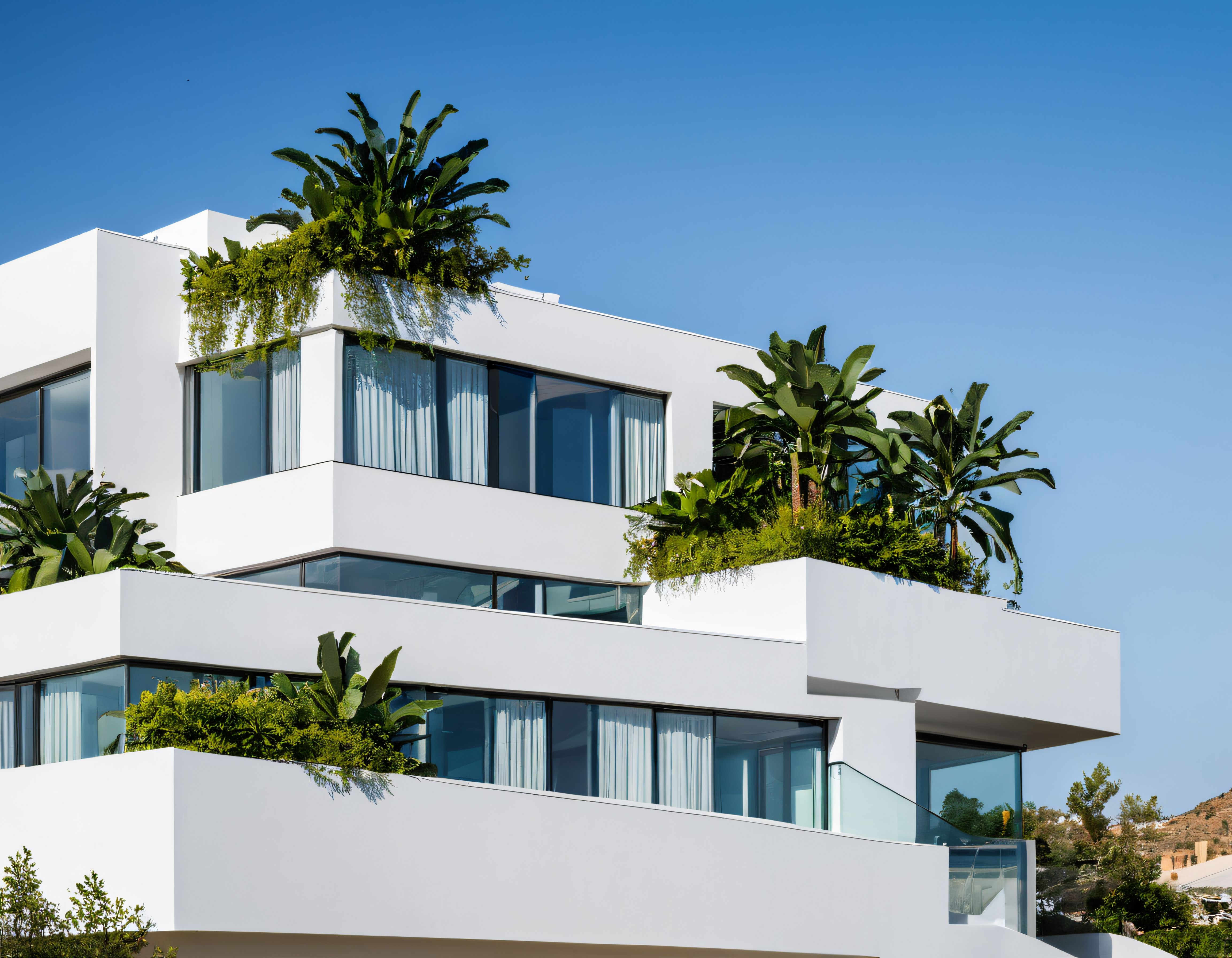 Beyaz modern villa ve teraslardaki tropikal yeşilliklerin uyumu