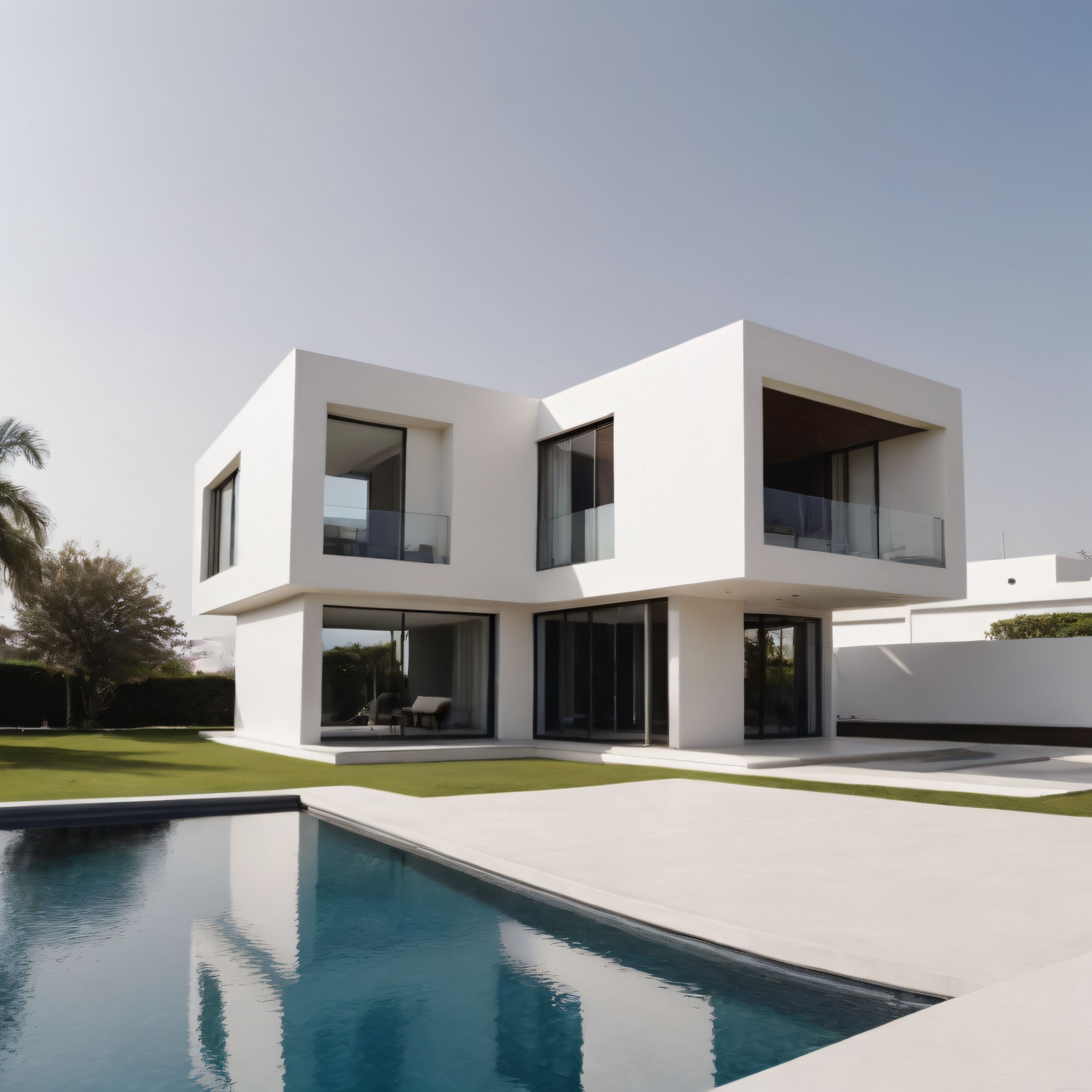 Beyaz modern villa ve yüzme havuzu ile minimalist dış mekân tasarımı