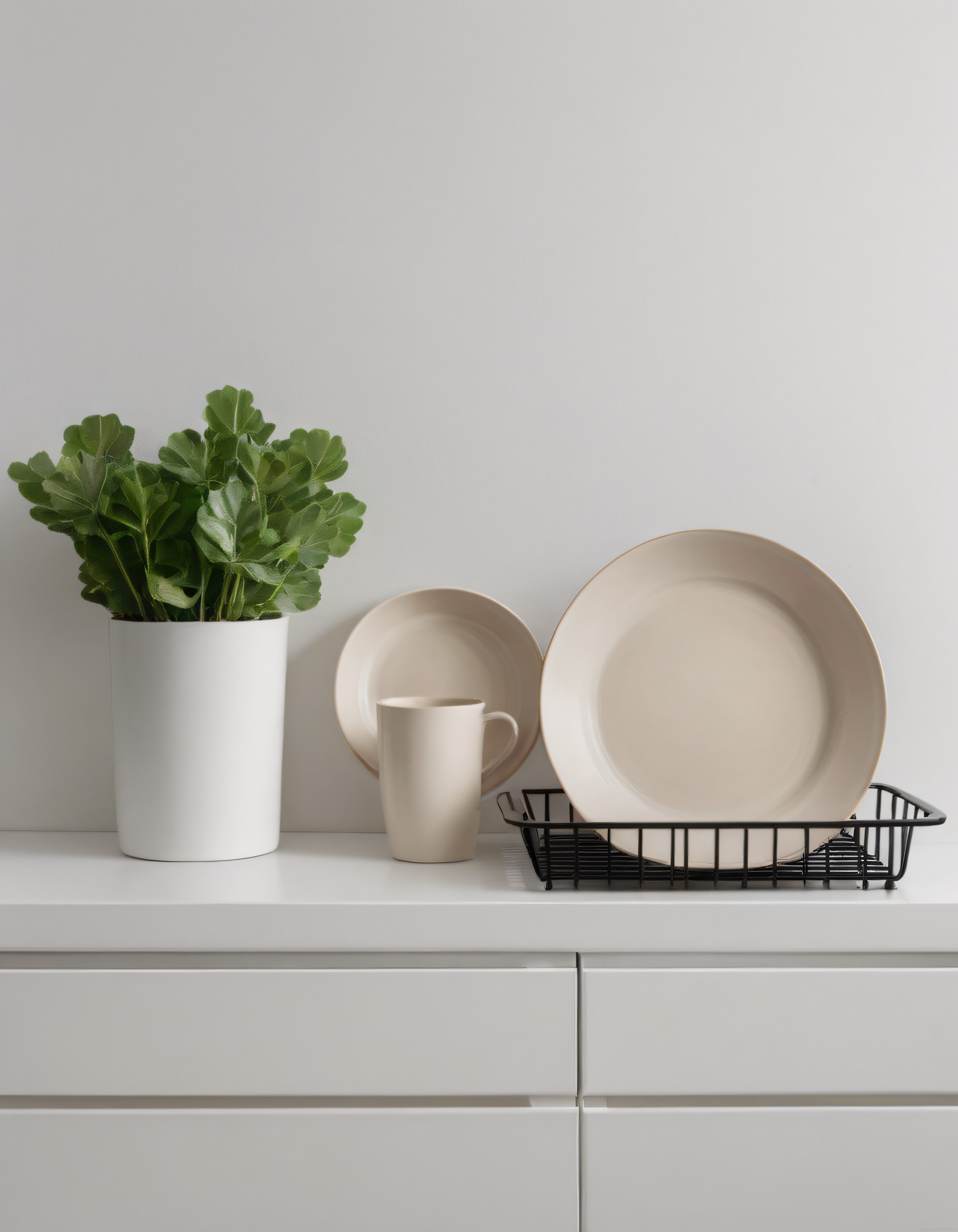 Beyaz mutfak tezgahında minimalist porselen tabaklar ve canlı yeşil bitki dekoru