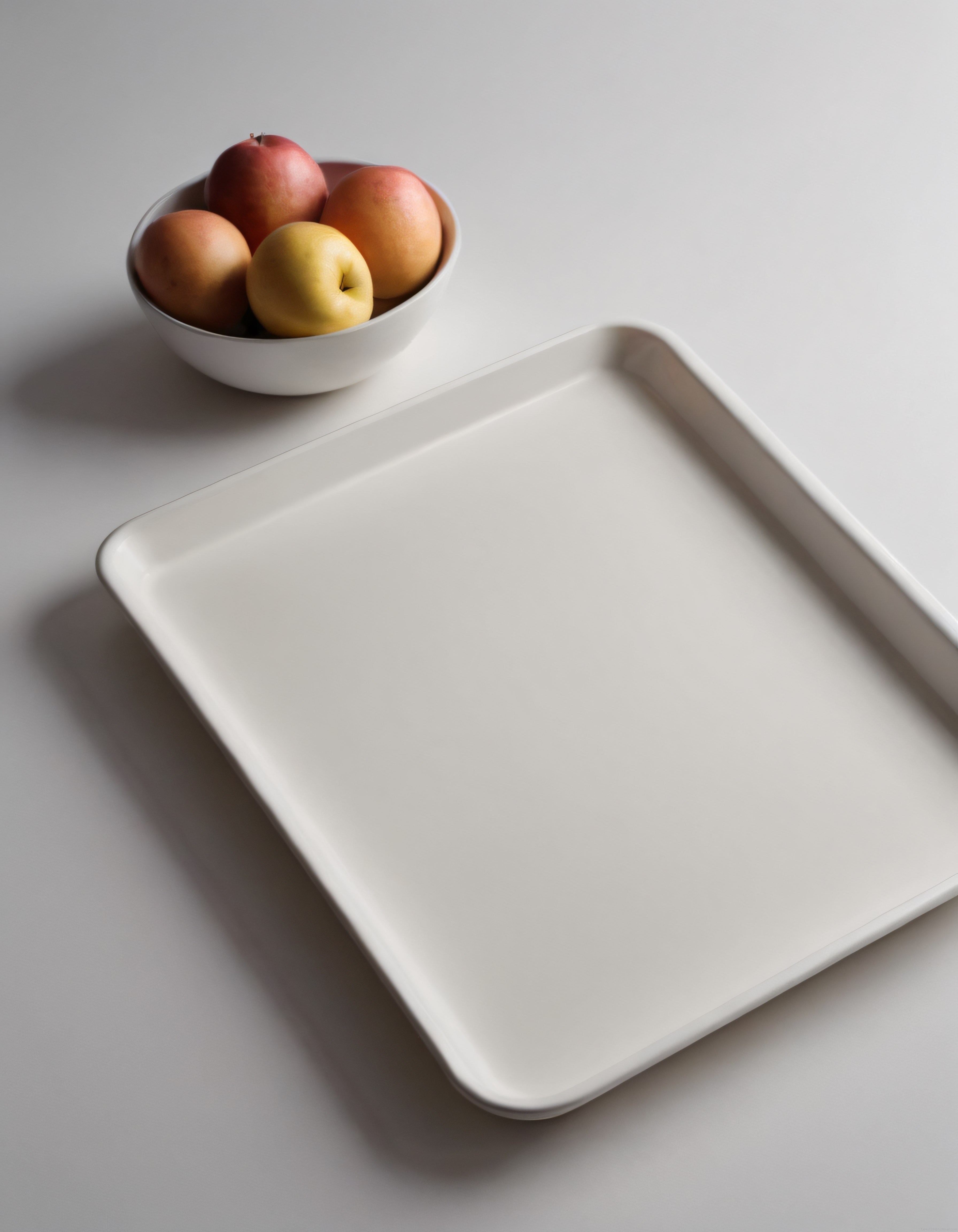 Beyaz Mutfak Tezgahında Minimalist Sunum ve Meyve Kasesi Stilizasyonu