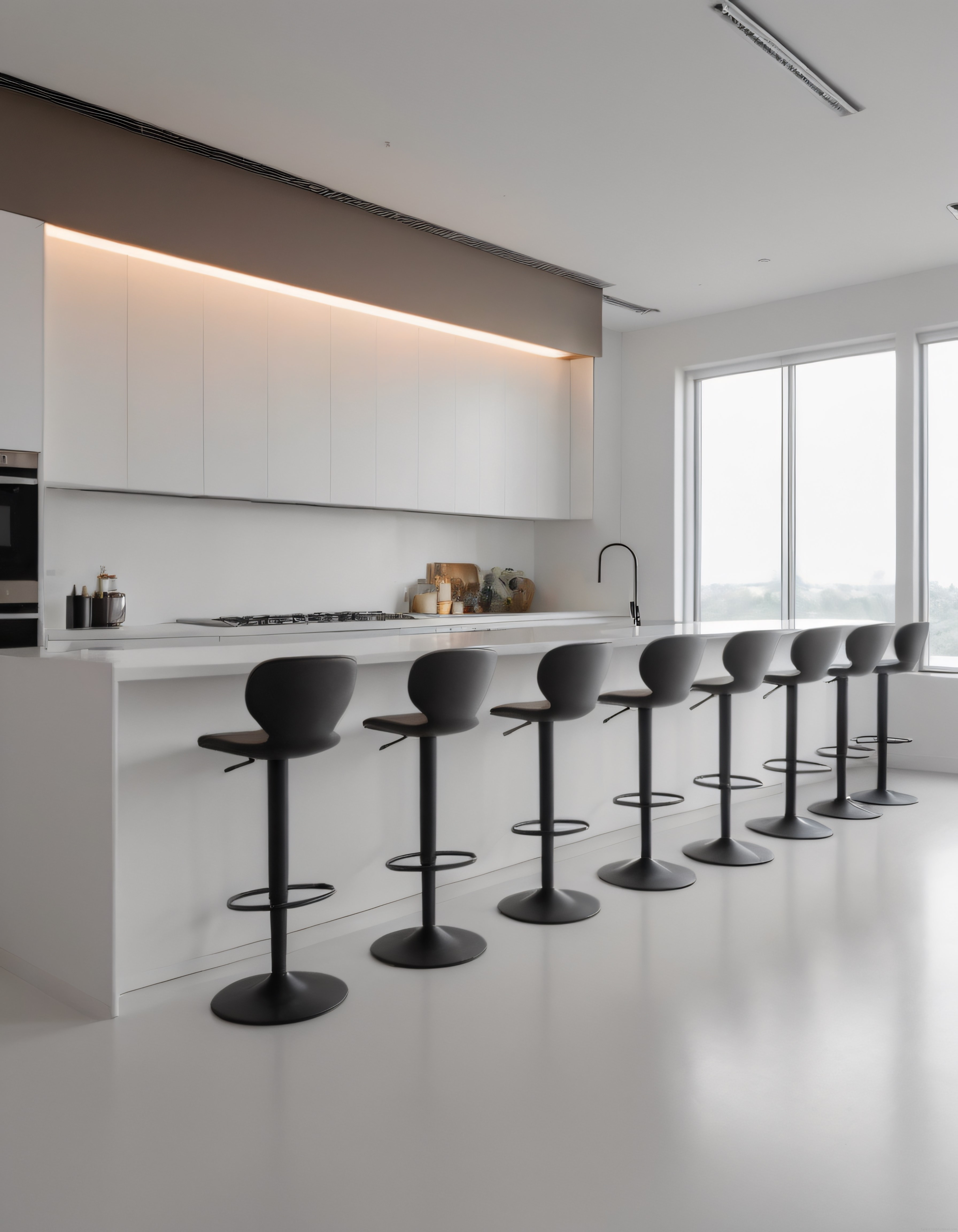 Beyaz Mutfakta Minimalist Ada ve Siyah Bar Tabureleriyle Modern İç Mekan Tasarımı