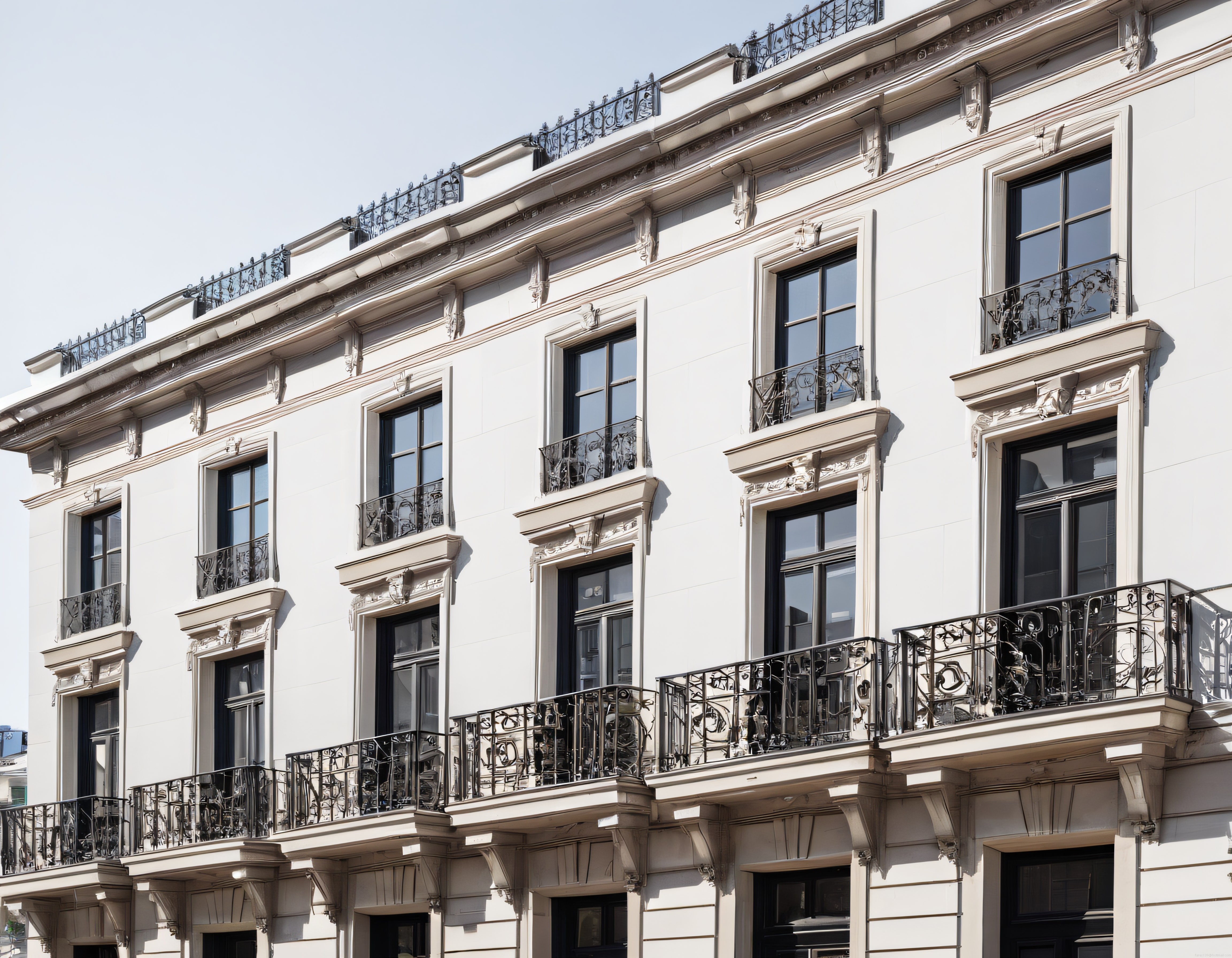 Beyaz neoklasik bina cephesi ve süslemeli demir balkon detayları
