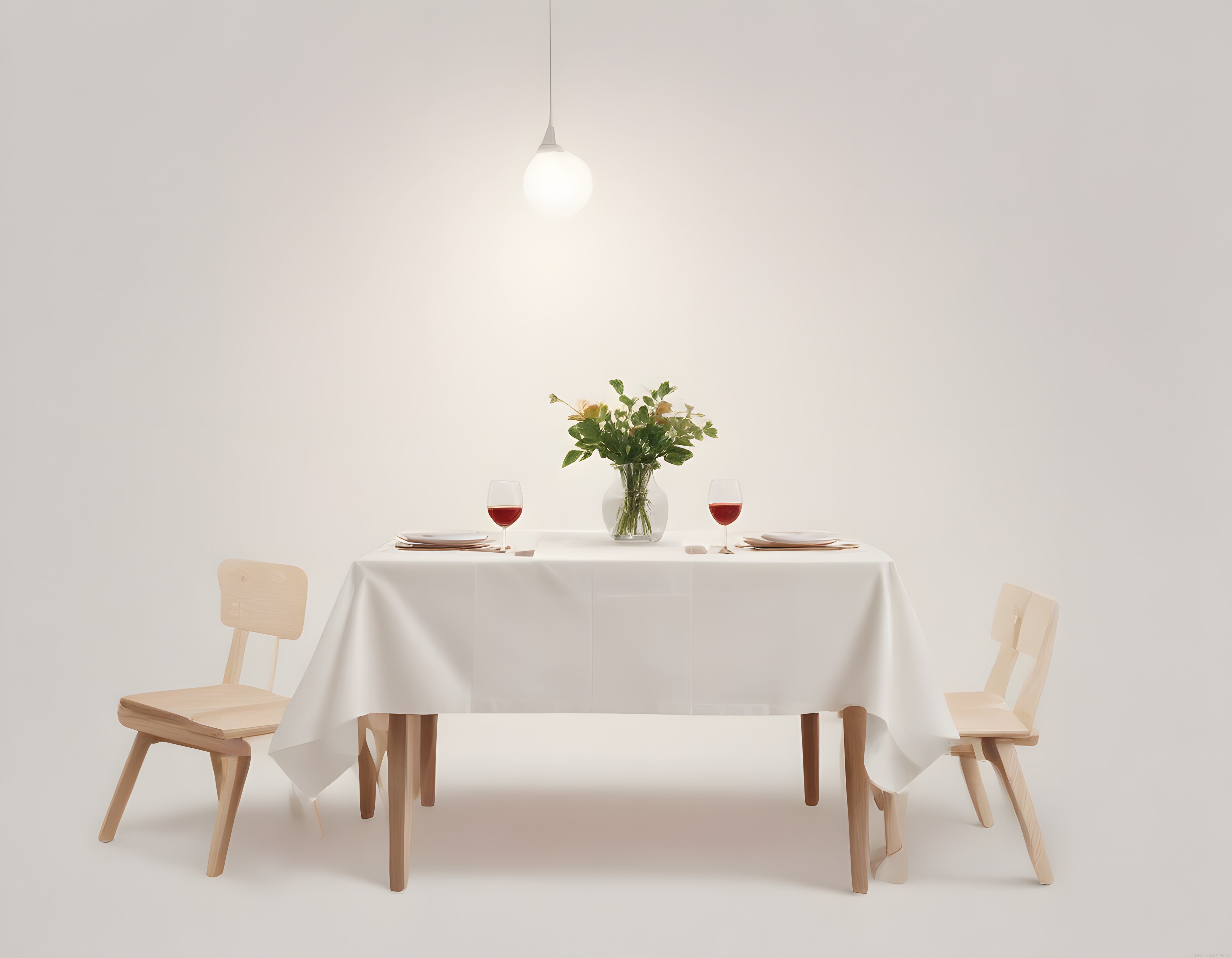 Beyaz Örtülü Minimalist Yemek Masası ve Şarap Kadehleriyle Sıcak Akşam Yemeği