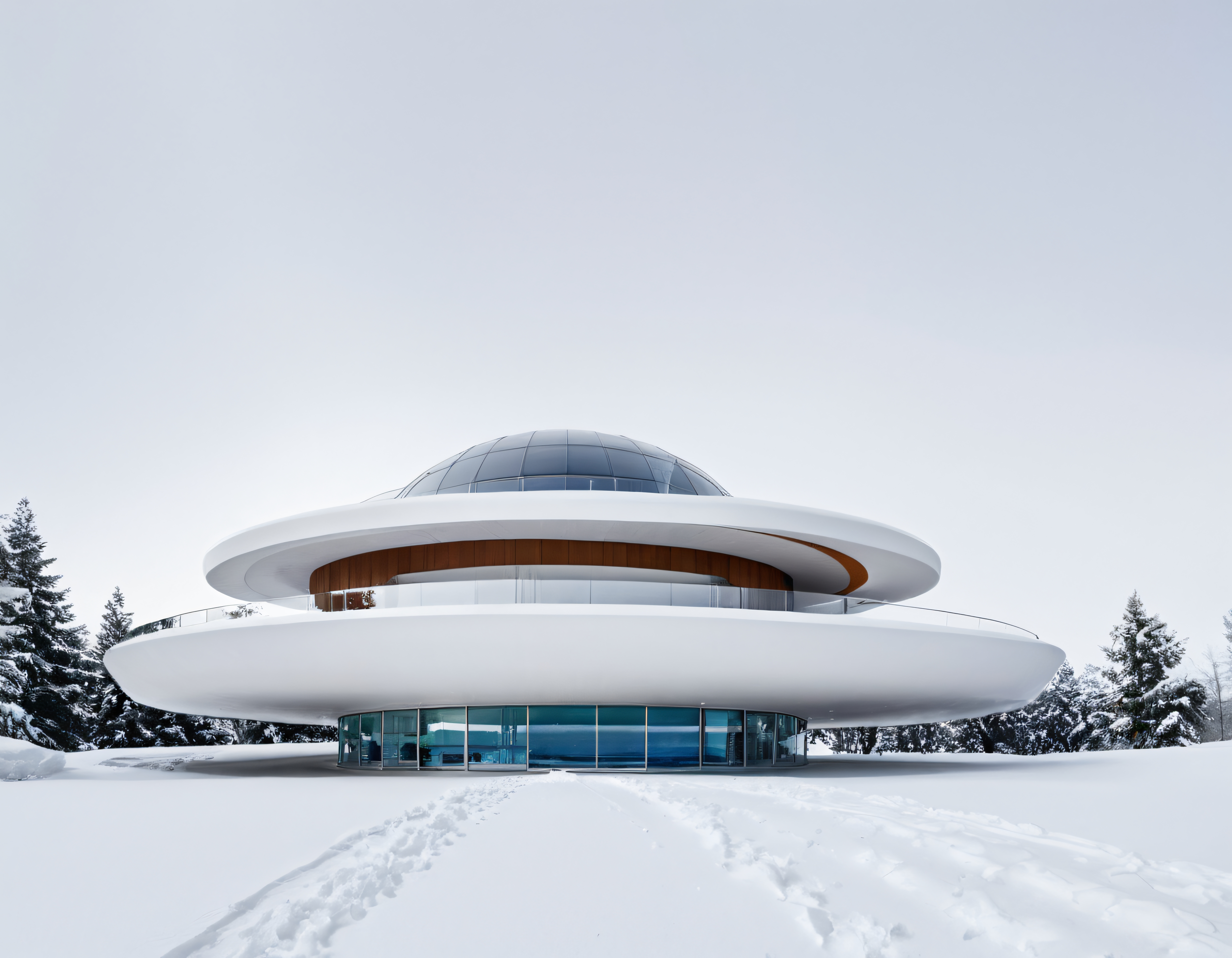 Beyaz Örtülü Ormanda UFO Tasarımlı Gizemli Modern Mimari Yapı