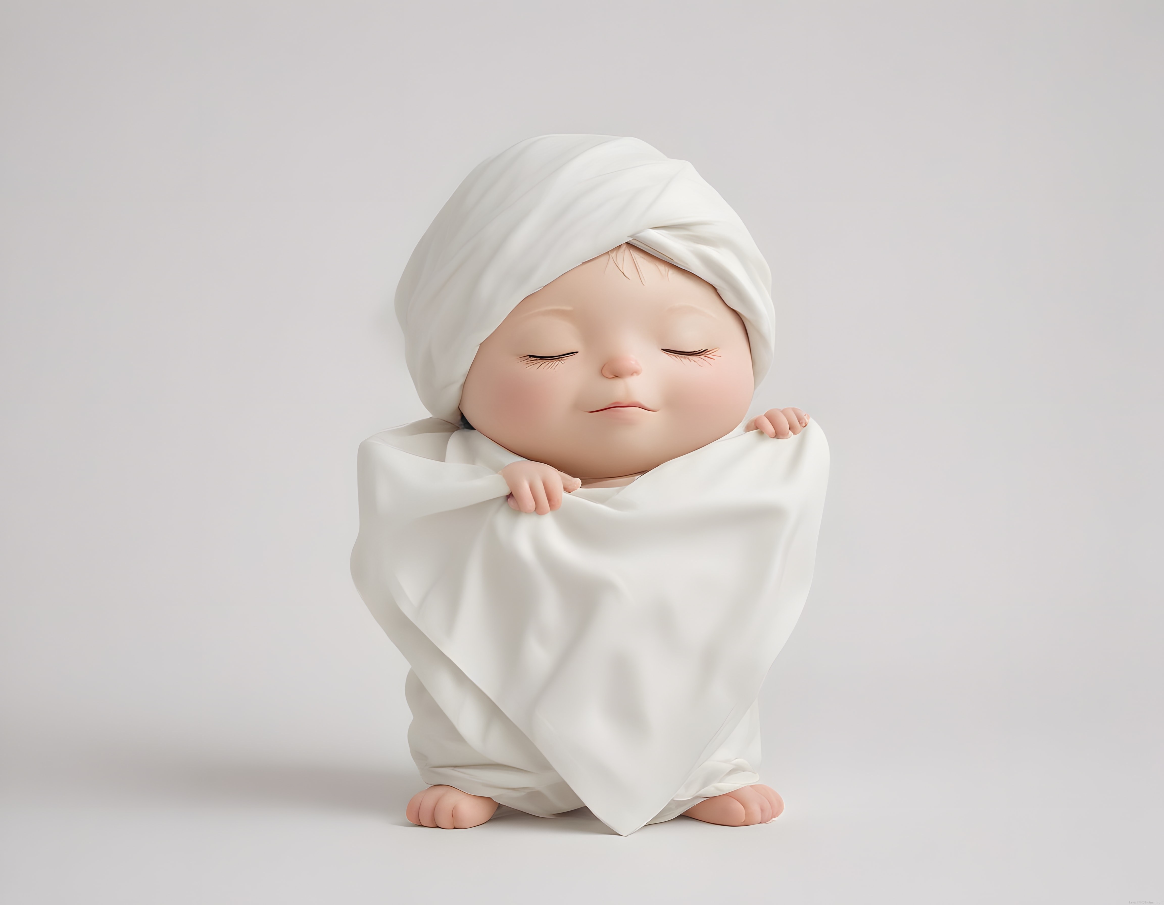 Beyaz Örtüye Sarılı Uyuyan Bebek Figürü: Huzurlu Minimalist ve Saf Bir Sunum