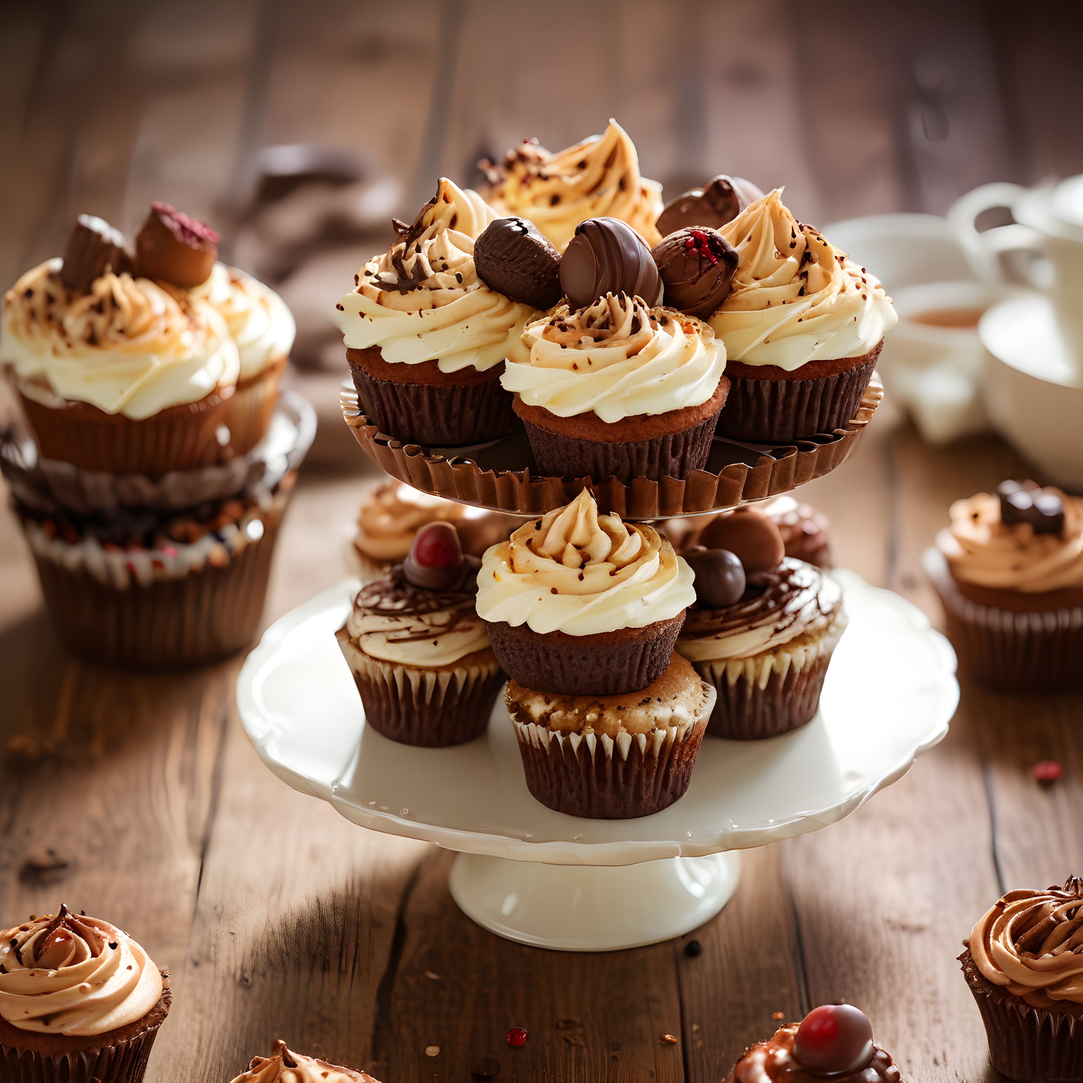 Beyaz pasta standında çikolata süslemeli cupcake ve muffin sunumu