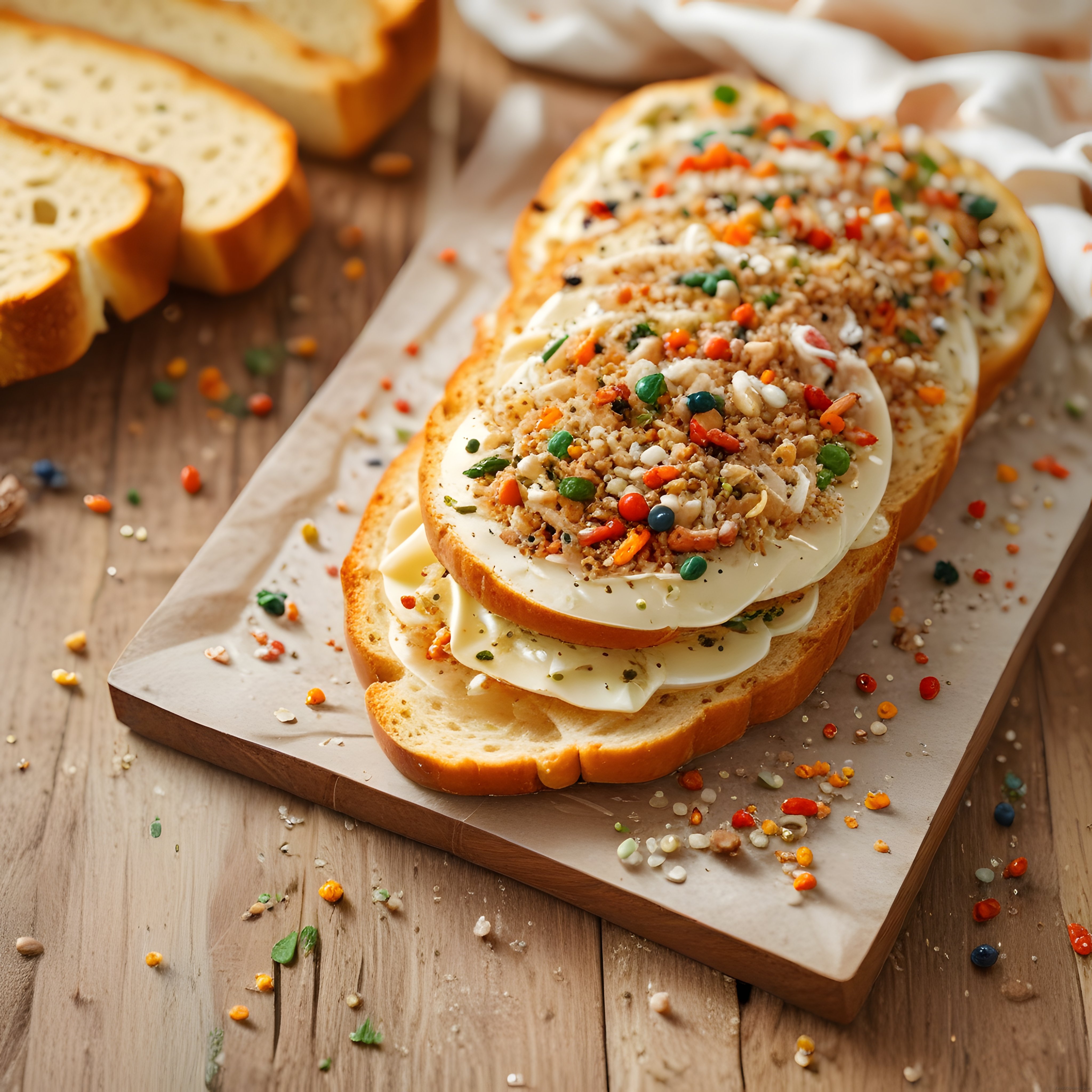 Beyaz peynirli ekmek dilimleri üzerinde renkli serpiştirmeler