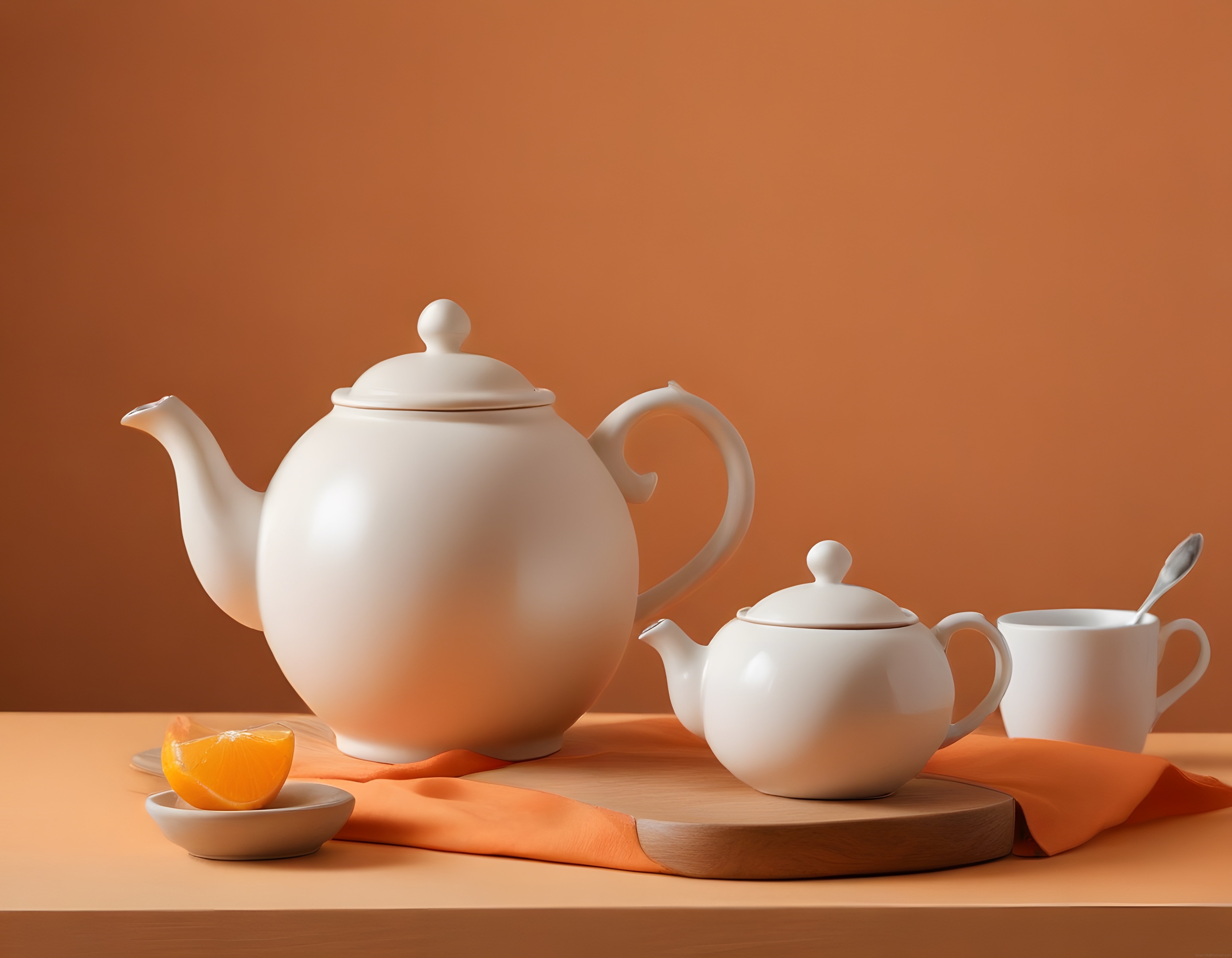 Beyaz porselen demlik ve fincan ile turuncu arka planlı minimalist çay sunumu
