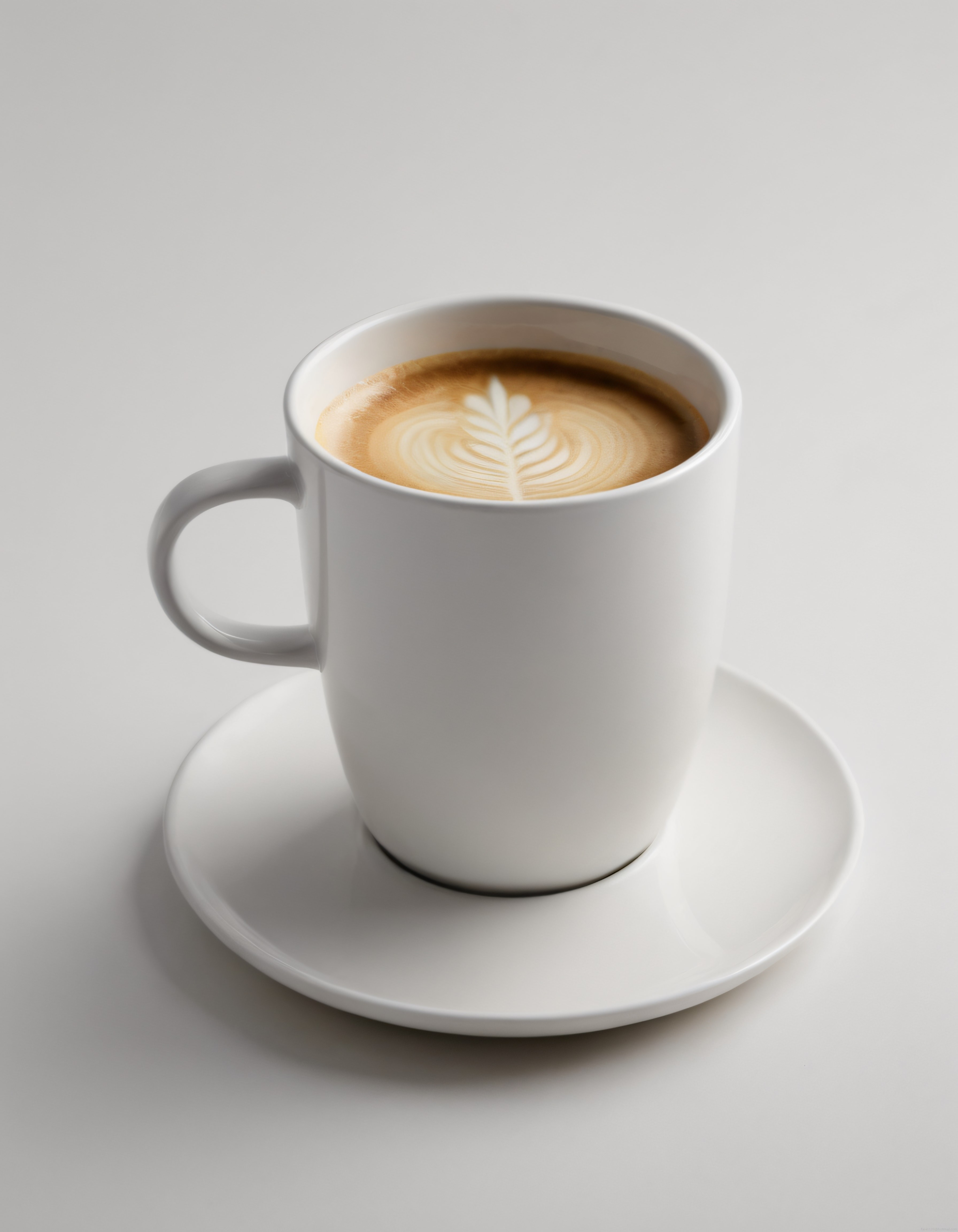 Beyaz Porselen Fincanda Yaprak Desenli Latte Art ile Sütlü Kahve Sunumu